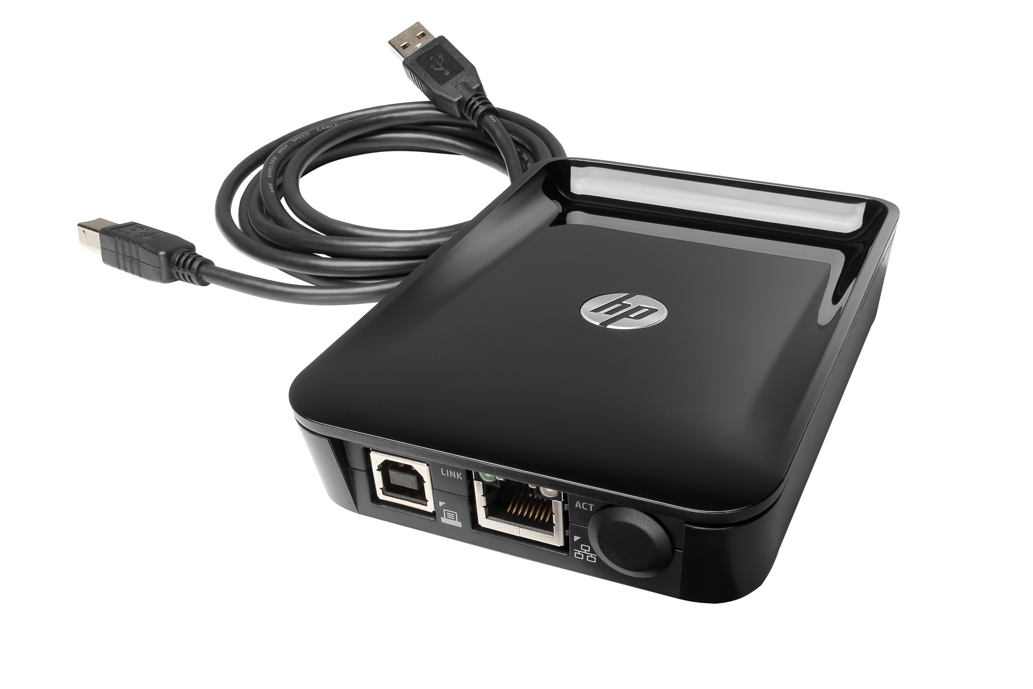 Czarny adapter sieciowy HP. Ma USB, Ethernet i inne porty. Góra jest błyszcząca.