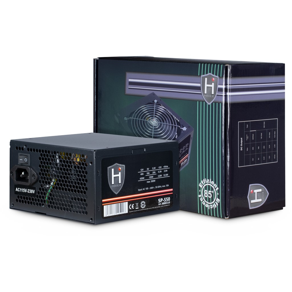 Bloc d'alimentation et boîte noirs. Possède un ventilateur et diverses étiquettes de sortie. La boîte montre un ventilateur.