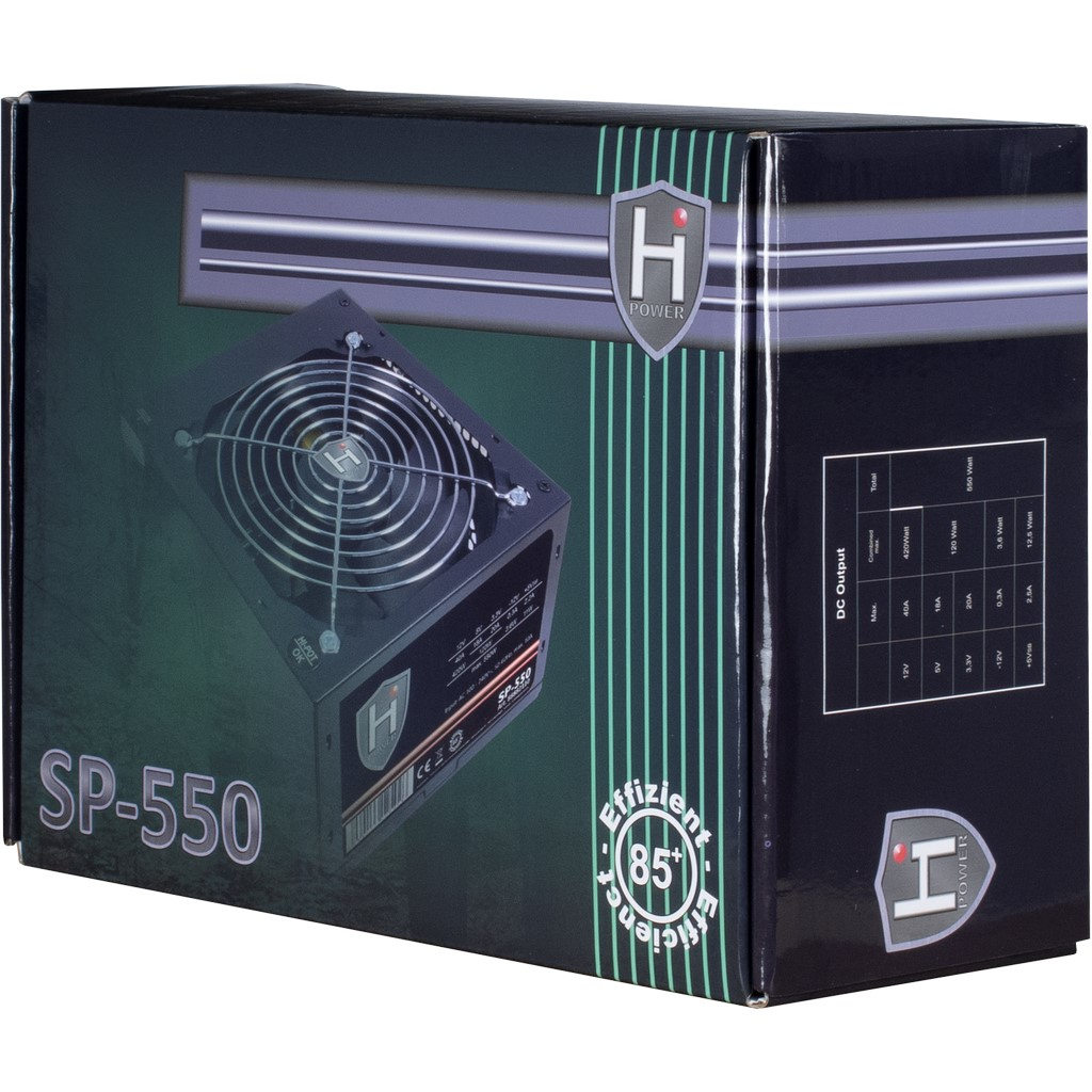 Une boîte d'alimentation noire avec ventilateur, texte 'SP-550' et logo 'H POWER'.