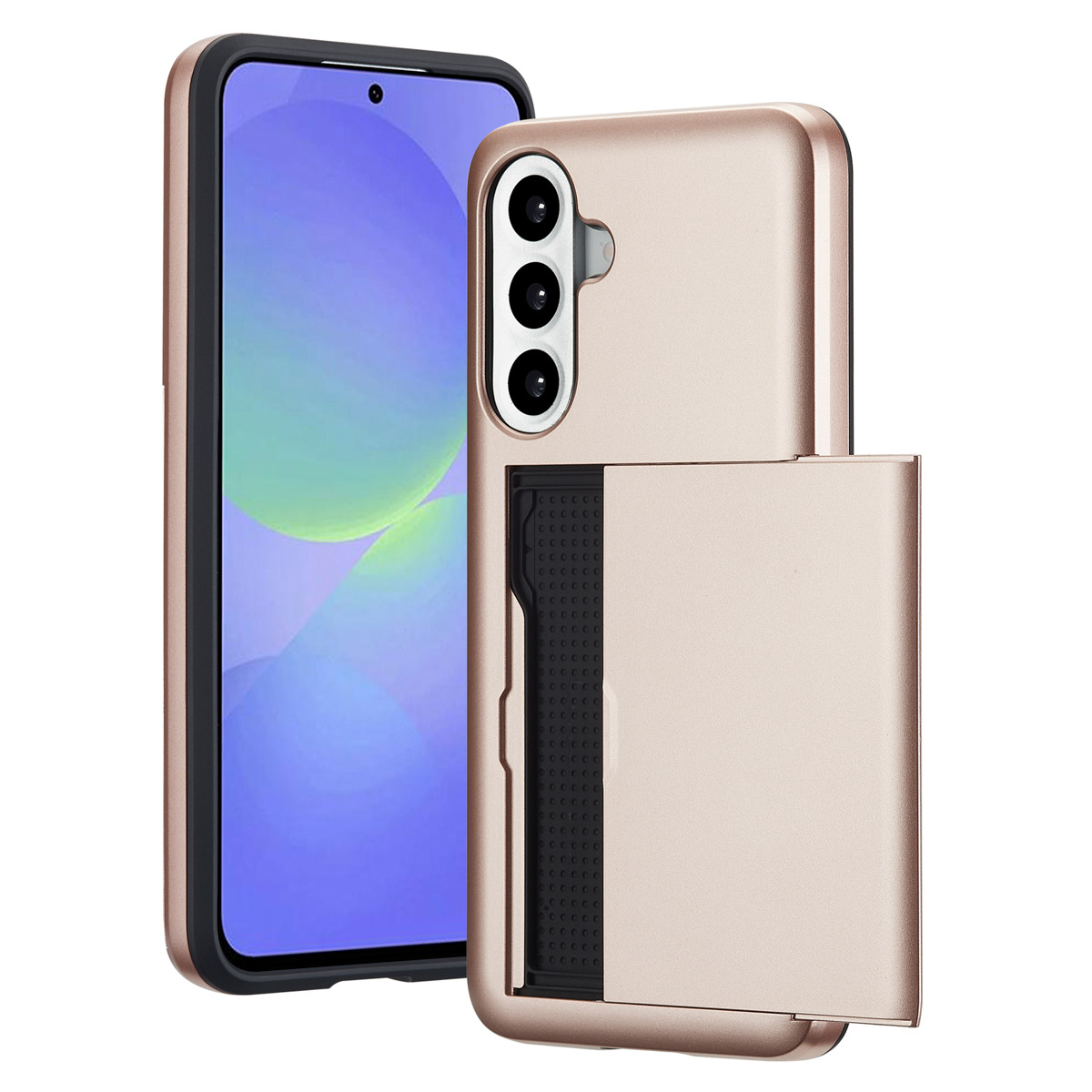 Roze smartphonehoesje met een kaarthouder op de achterkant. De telefoon staat links.