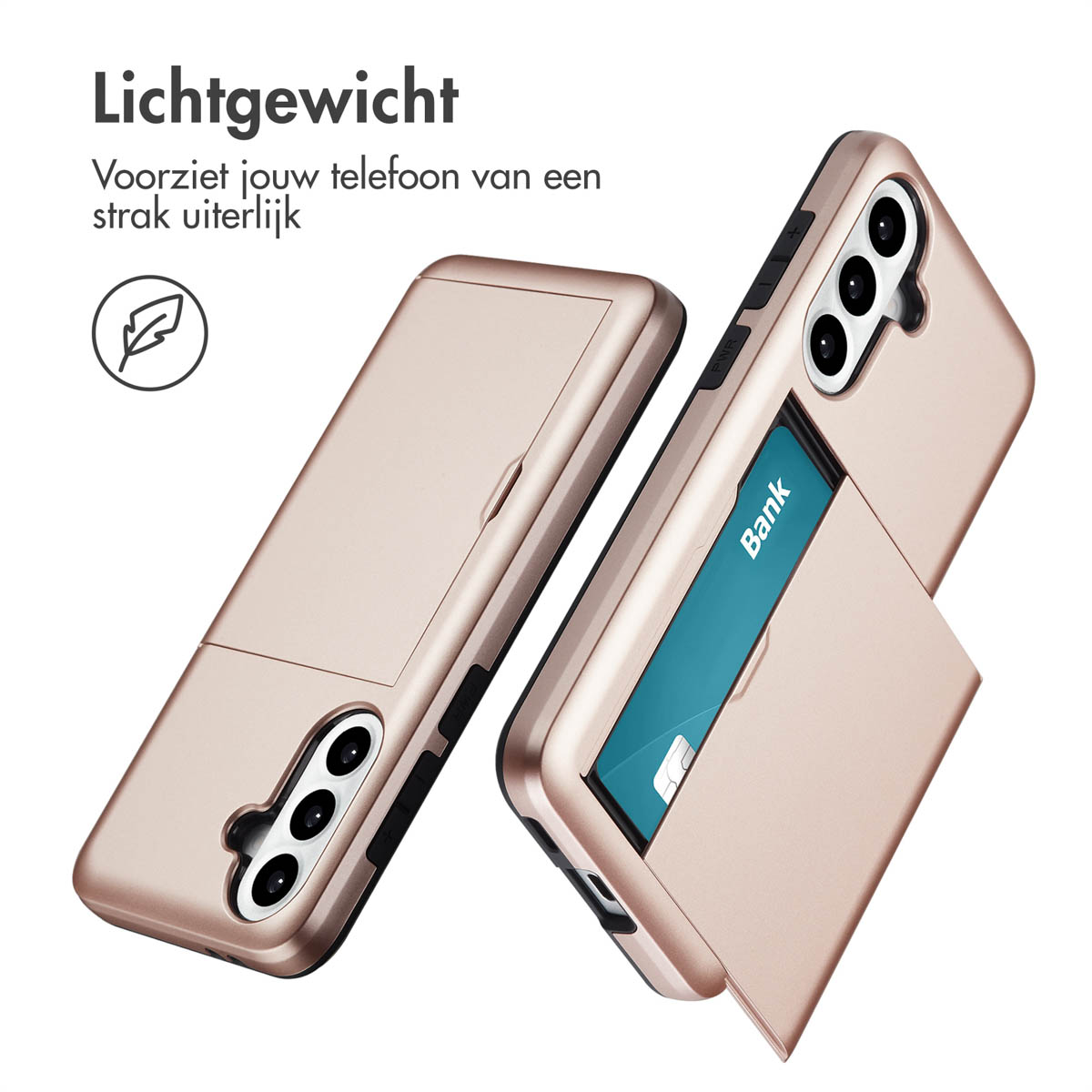 Twee telefoonhoesjes, een open met kaart, de andere dicht. Tekst: 'Lichtgewicht'.
