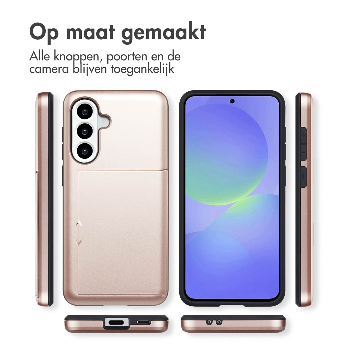 Een telefoonhoesje in roségoud. Meerdere hoeken getoond, met een telefoon erin.