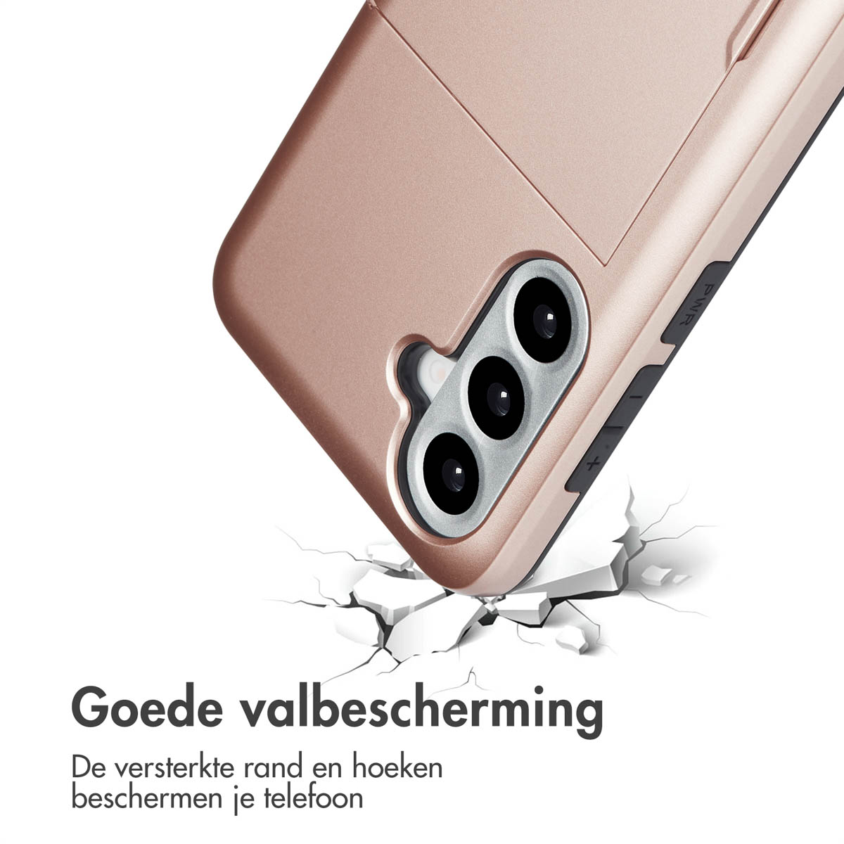 Telefoonhoesje met een telefoon erin, en een gebarsten oppervlak eronder, wat valbescherming suggereert.
