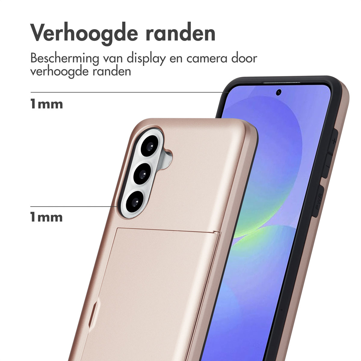 Een telefoonhoesje met telefoon erin, met verhoogde randen voor scherm- en camerabescherming.