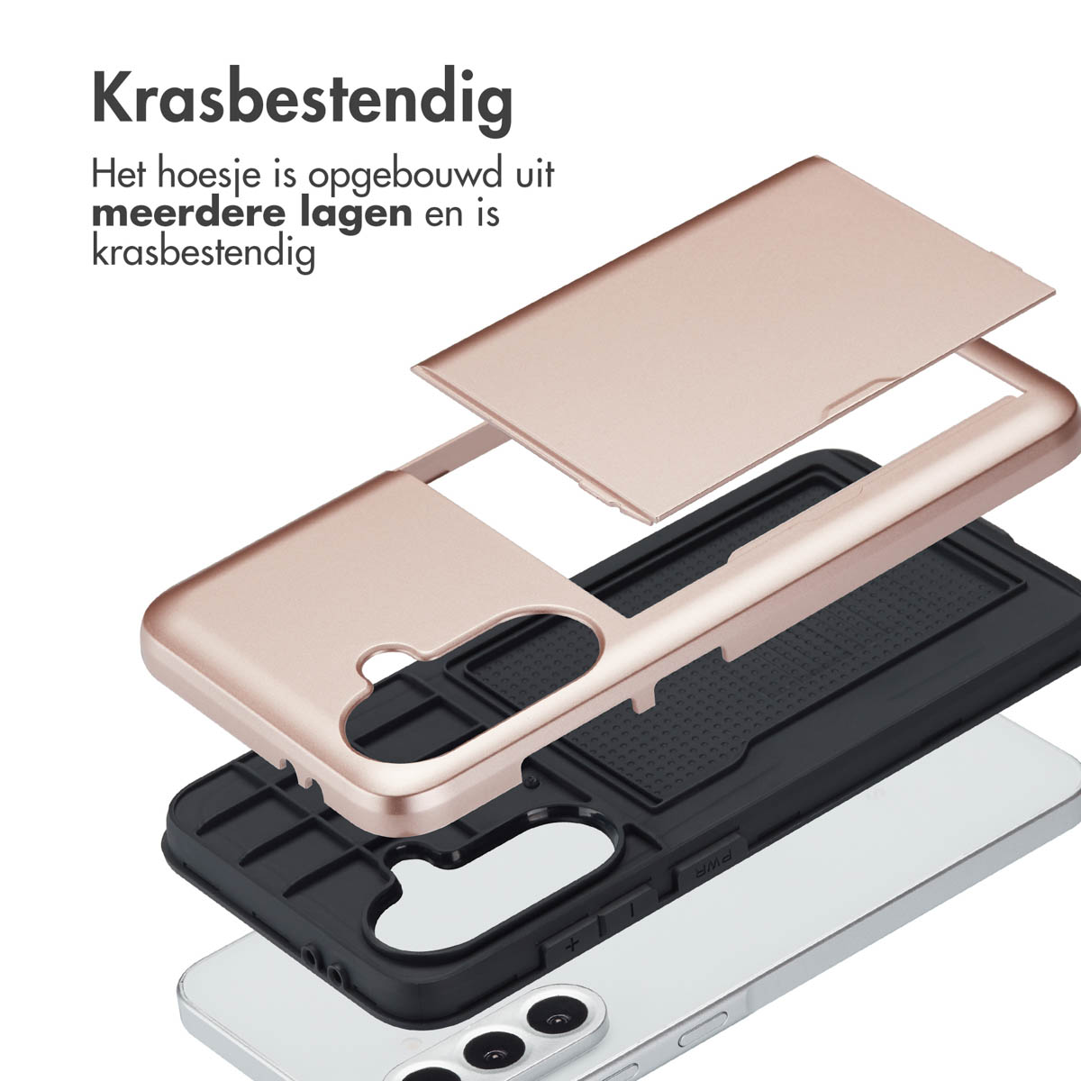 Close-up van een zwarte metalen kabelorganizer met witte plastic clips en schroeven op een witte achtergrond.
