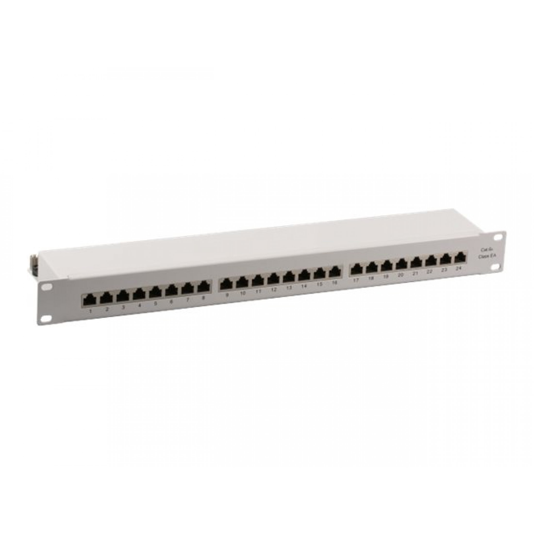 Un pannello patch bianco e rettangolare con 24 porte ethernet nere, numerate, su sfondo bianco.