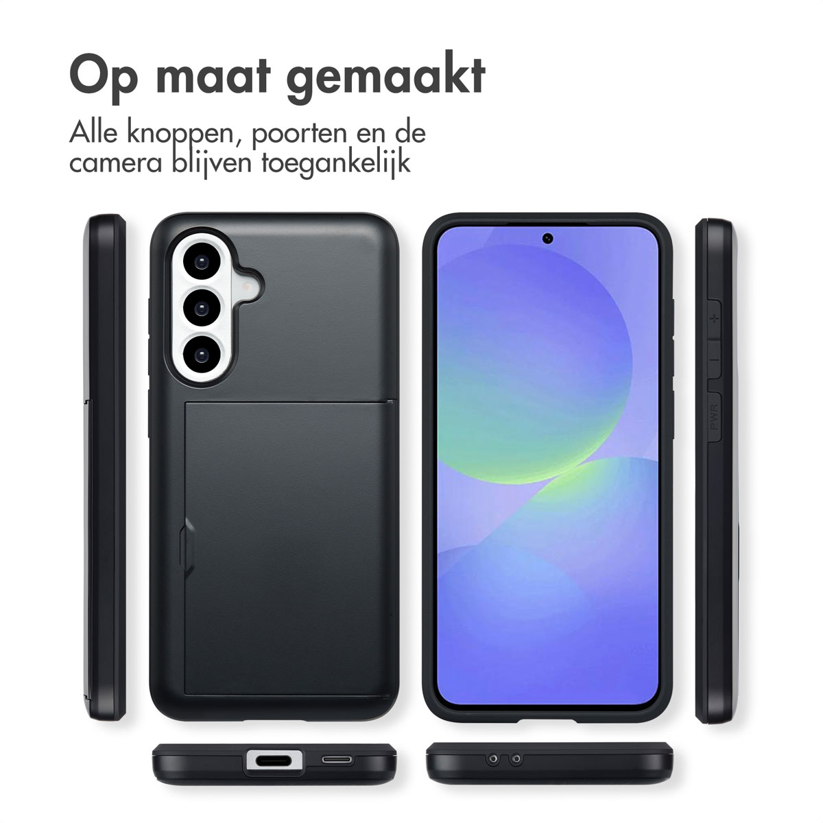 Zwarte telefoonhoes met een kaartsleuf en een telefoon erin. Witte achtergrond.