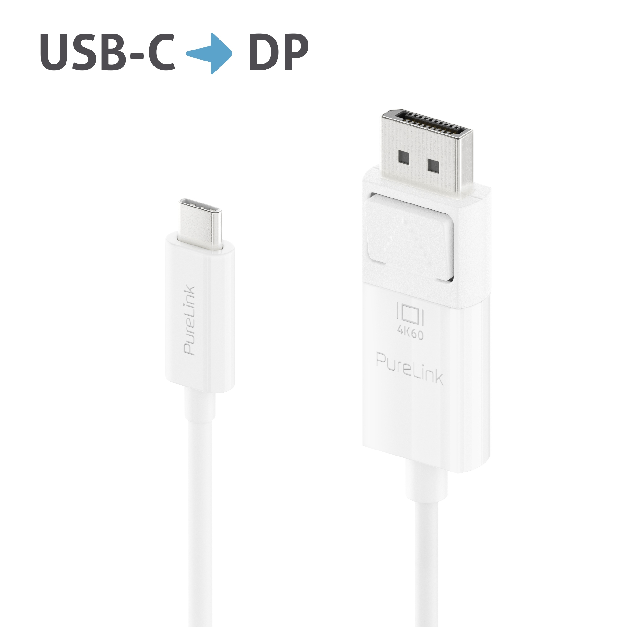 Cavo da USB-C a DisplayPort bianco. Connettori alle estremità. Testo PureLink. Sfondo bianco.