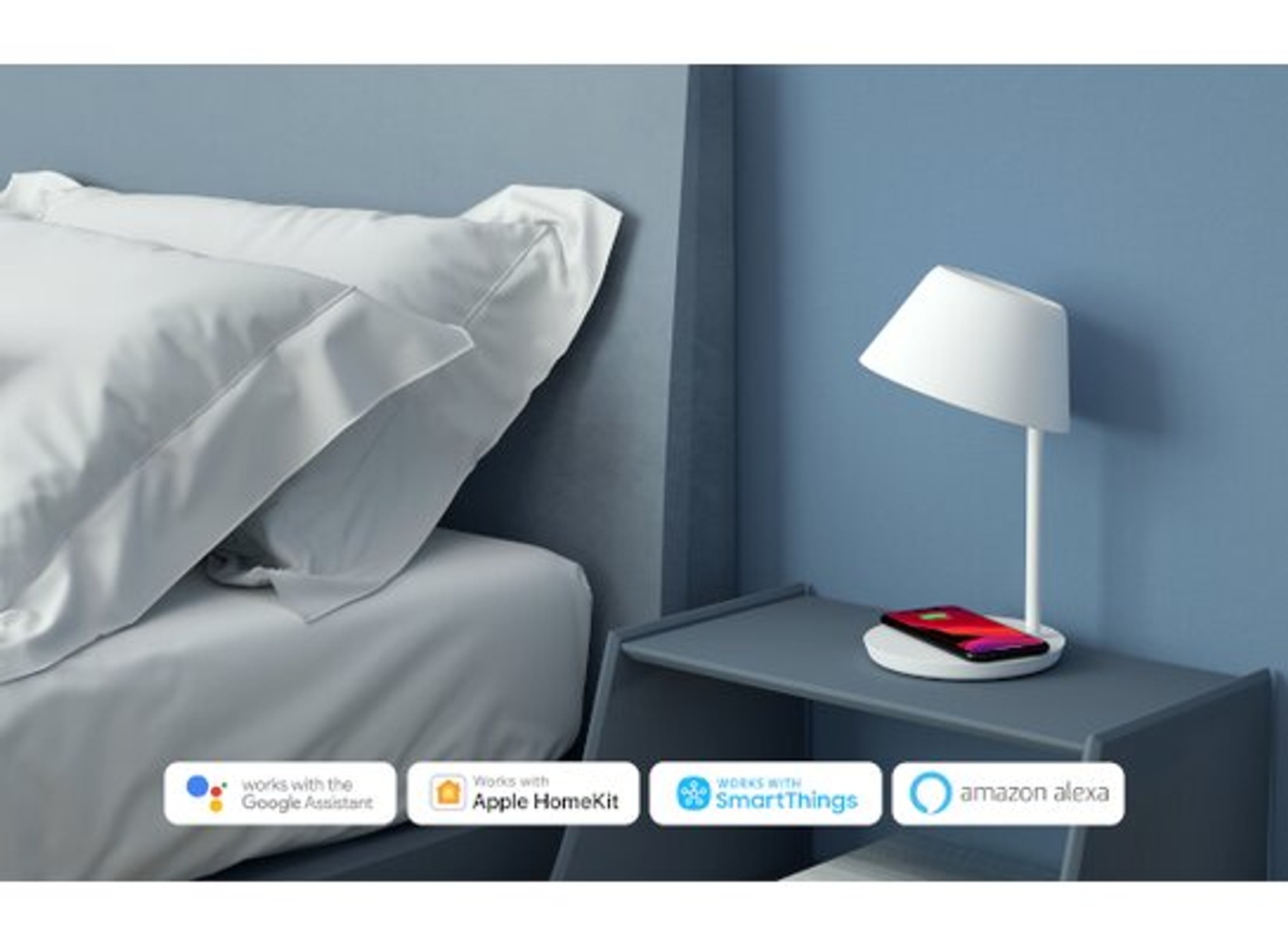 Sypialnia z łóżkiem, szafką nocną i lampą. Telefon na szafce. Ikony smart home.