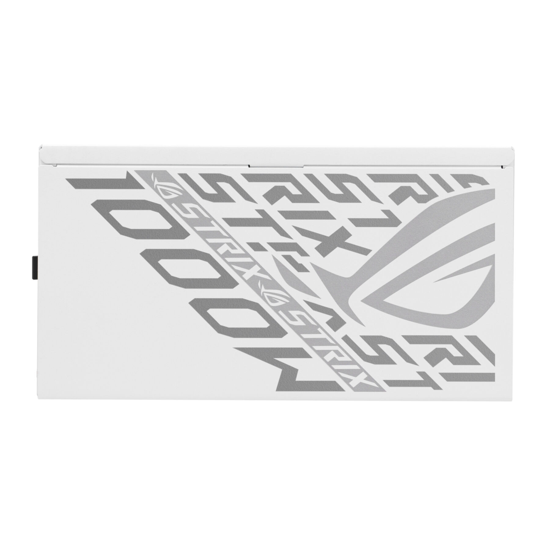 Góra białego zasilacza komputera z logo ROG i 1000W, tekstem Strix.