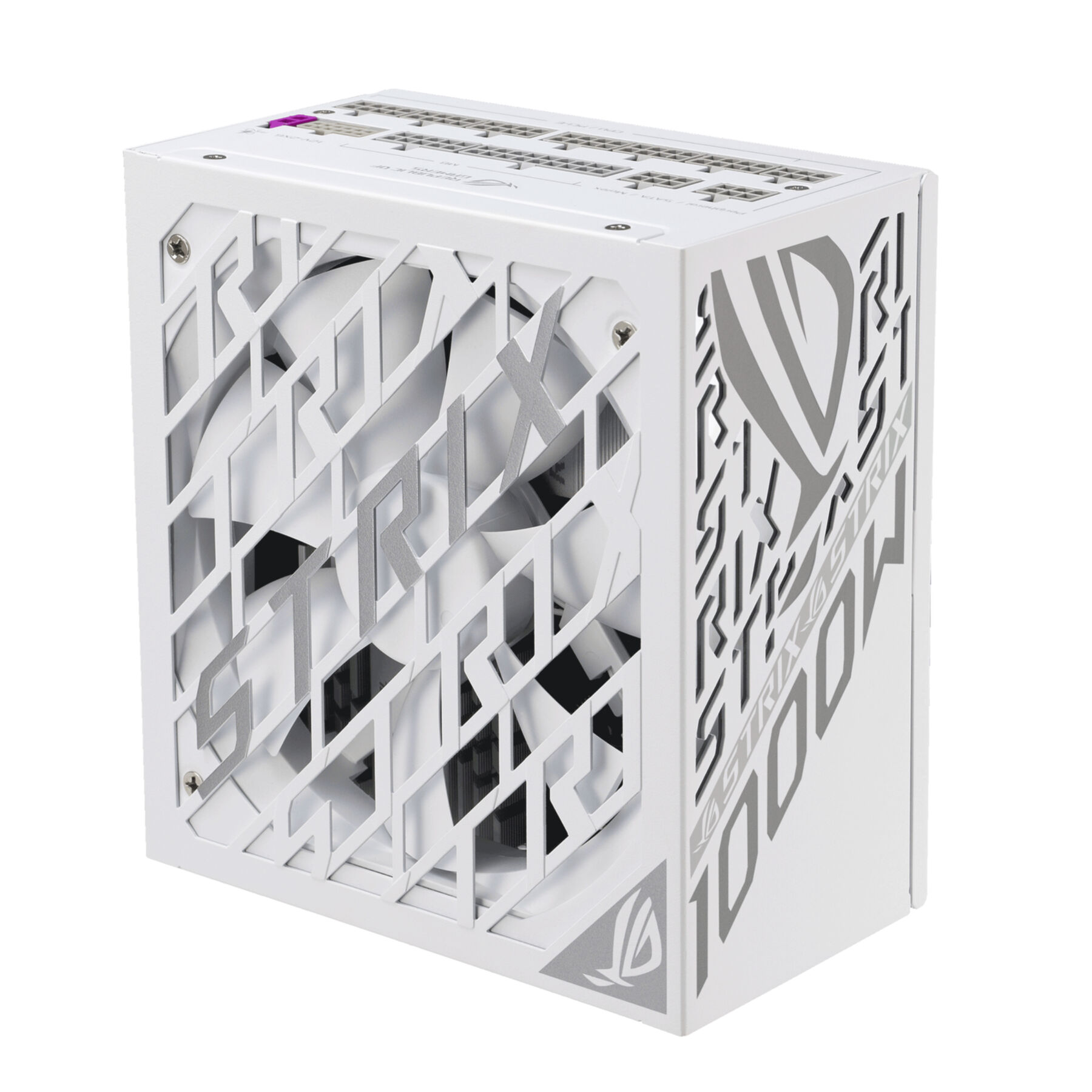 Biały zasilacz ROG Strix 1000W. Posiada wentylator za wzorzystą kratką i logo ROG.