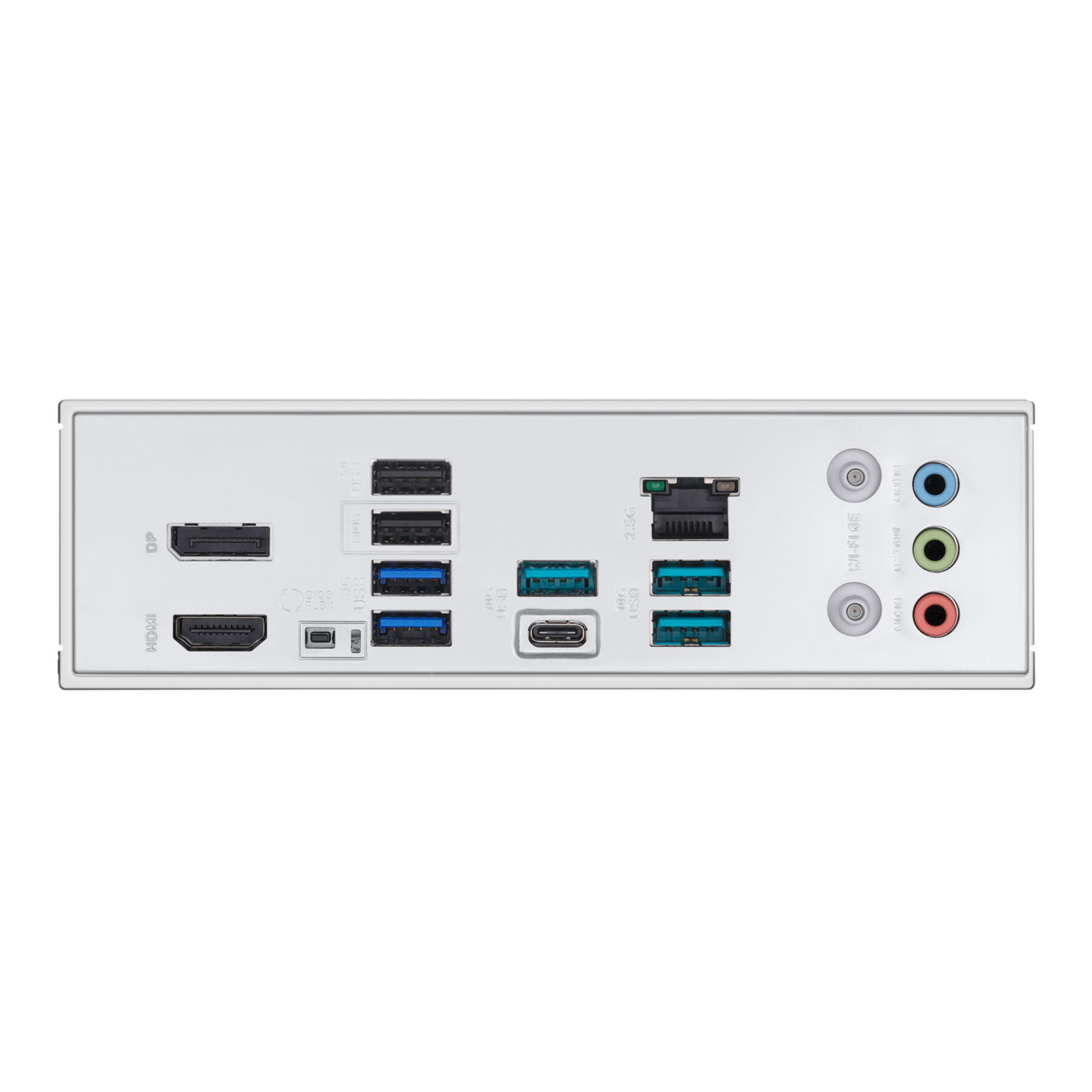 Panel tylny płyty głównej komputera z różnymi portami: USB, audio, wyświetlacz i sieć.