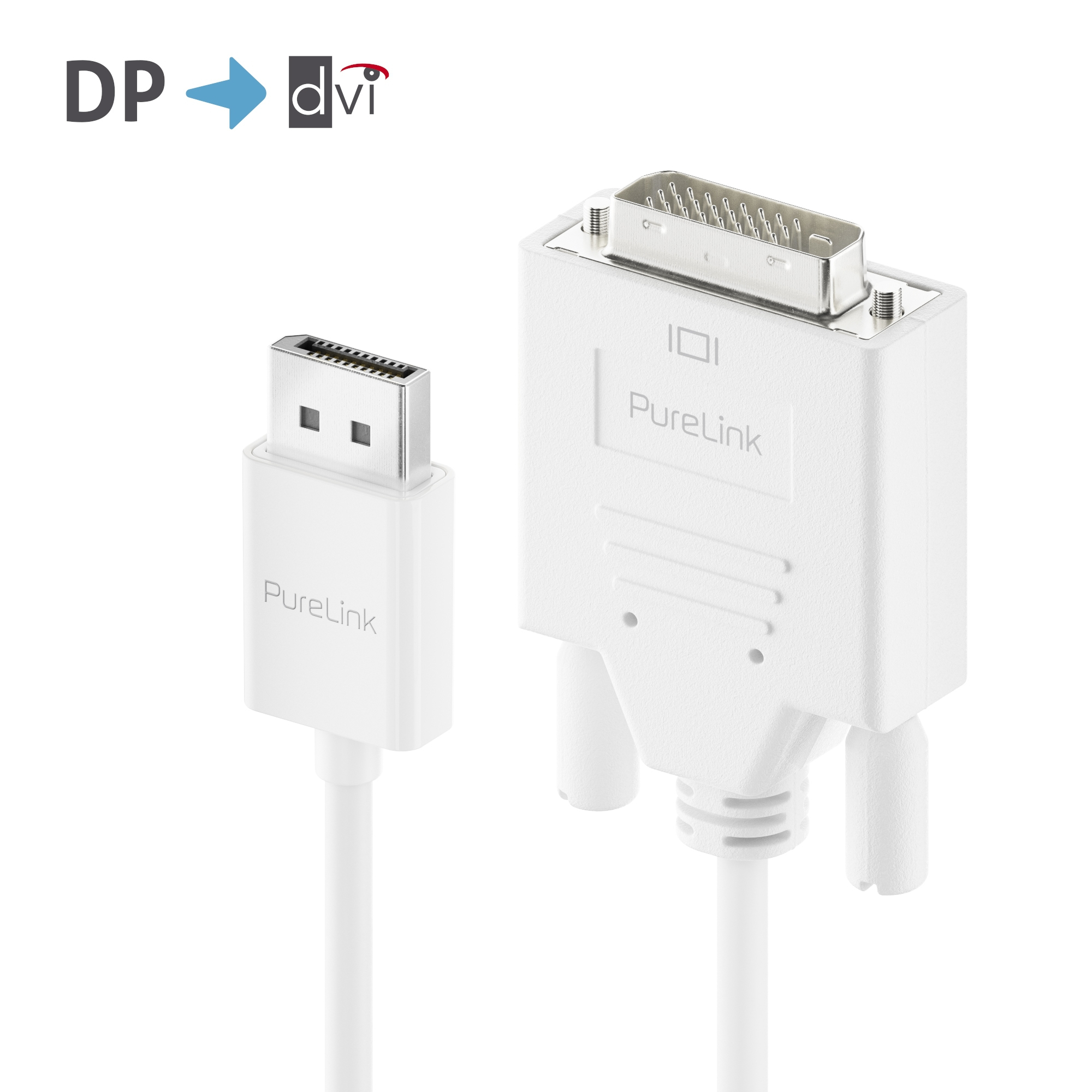 Weißes DP-zu-DVI-Adapterkabel. Ein Ende hat einen DP-Anschluss, das andere DVI, mit PureLink-Branding.