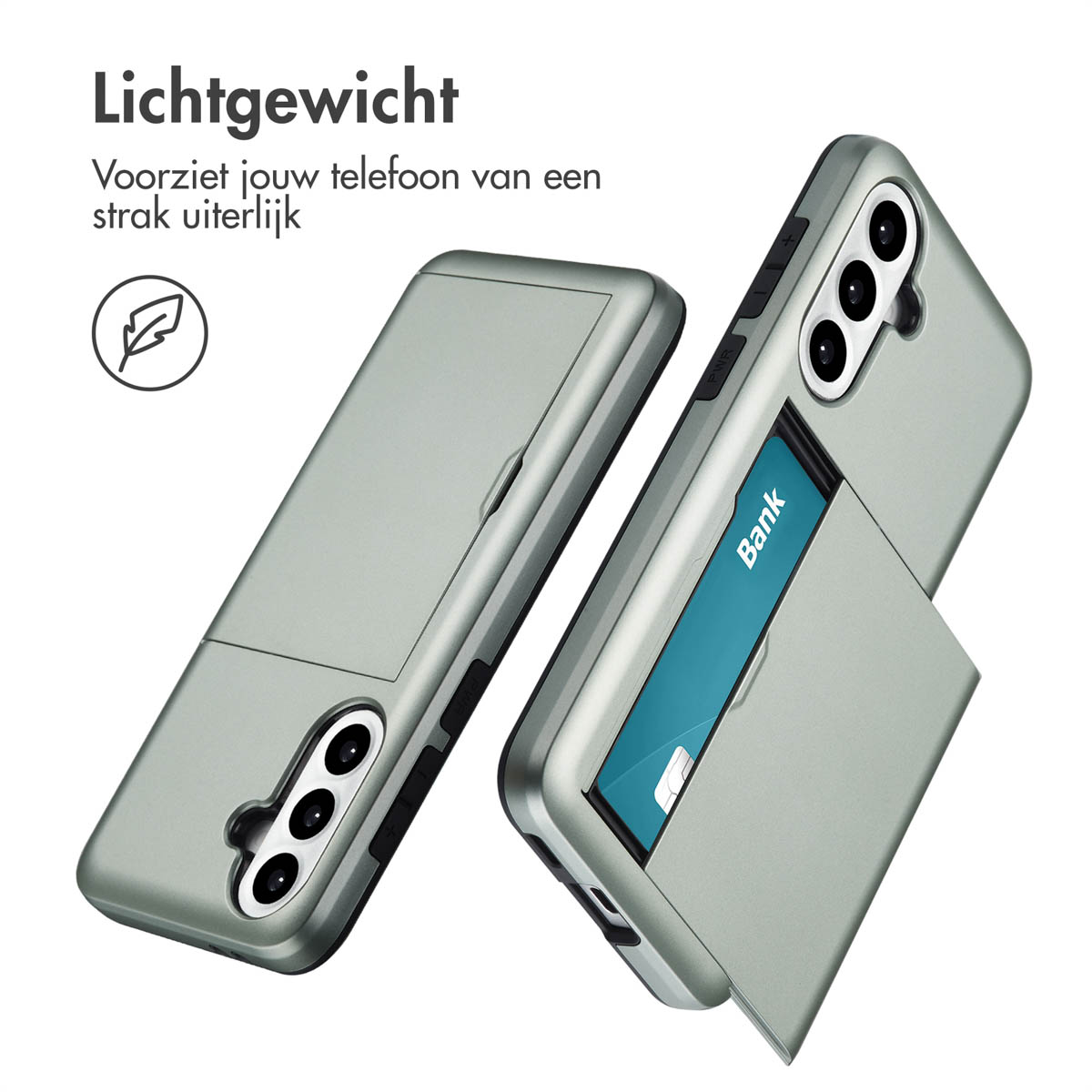 Telefoonhoesje met creditcardhouder. Lichtgrijze kleur. Tekst: Lichtgewicht. Telefoon en hoesje.