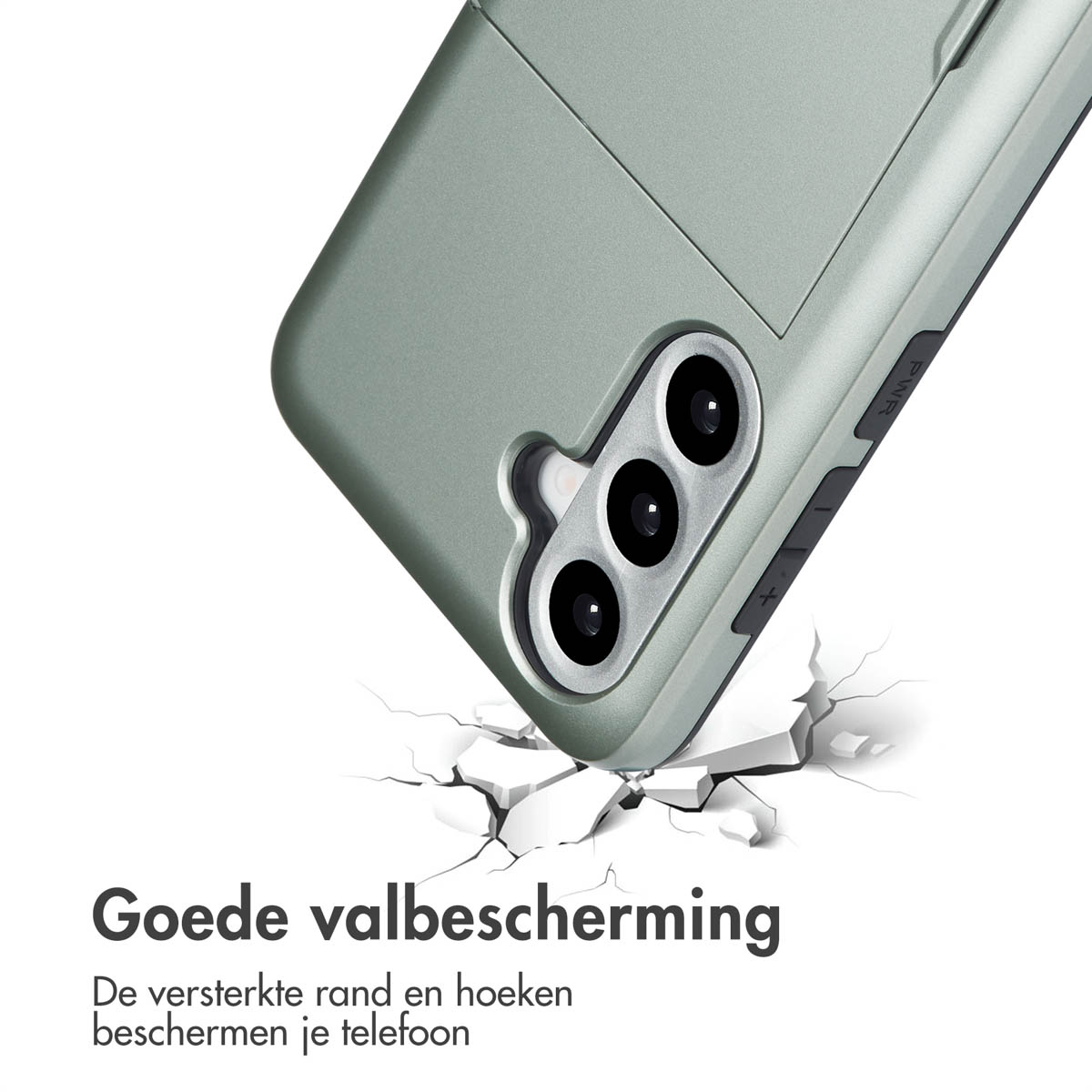 Telefoonhoes hoek die impactbescherming toont. De rand en hoeken beschermen de telefoon.