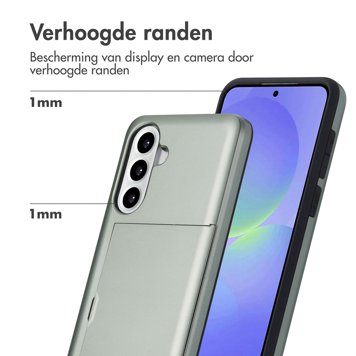 Telefoonhoesje met creditcardhouder. Grijze kleur. Tekst: Verhoogde randen. Telefoon en hoesje.