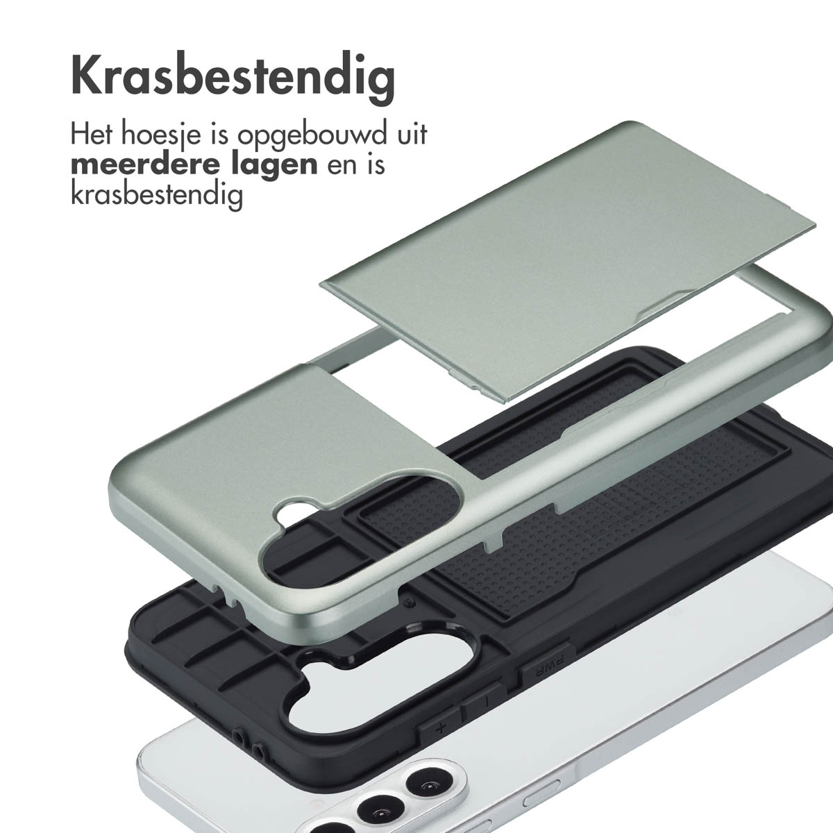 Telefoonhoes componenten die lagen en krasbestendigheid tonen. De hoes is gedemonteerd getoond.
