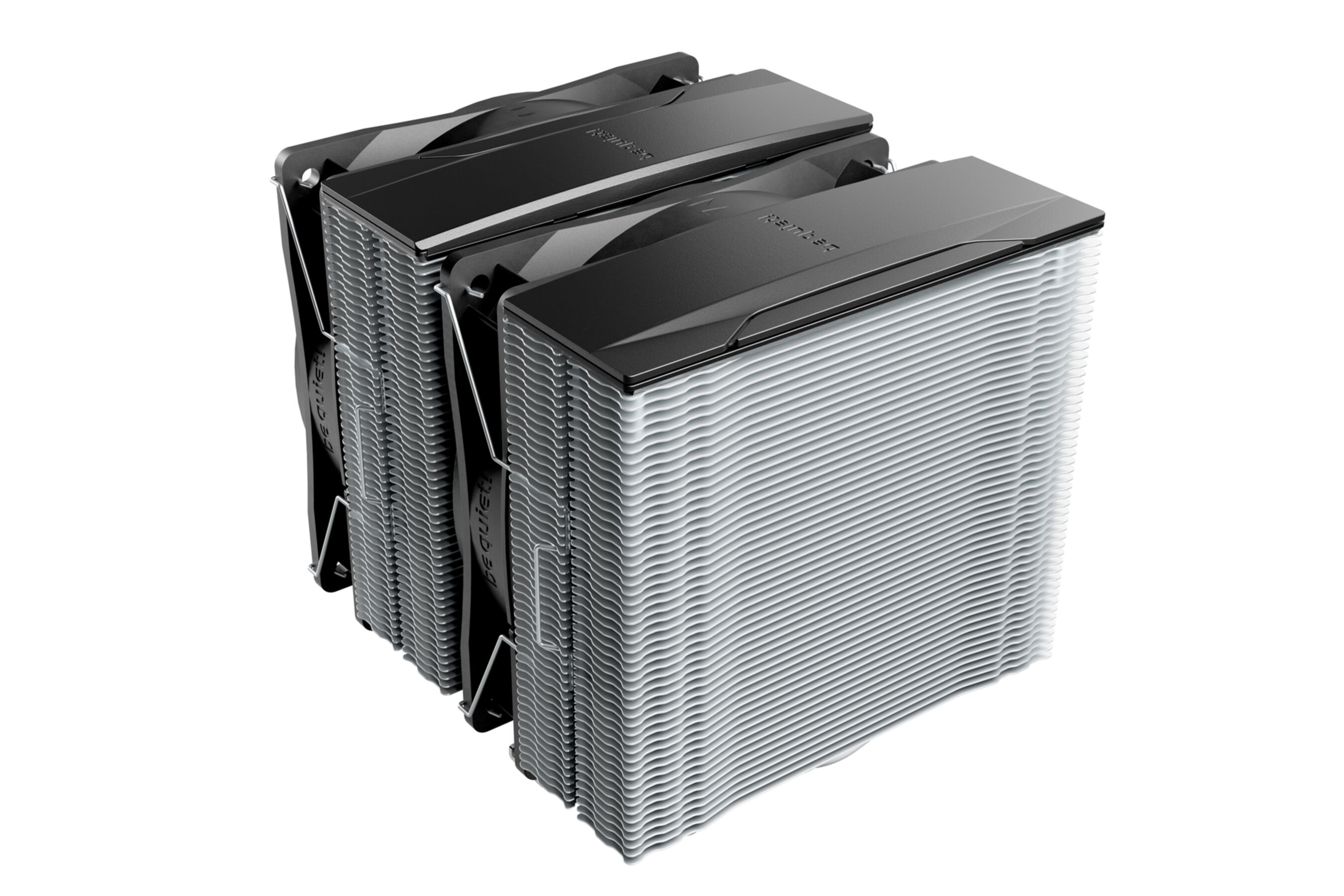 Refroidisseur de CPU noir et gris. Ce refroidisseur a plusieurs ailettes et deux ventilateurs.