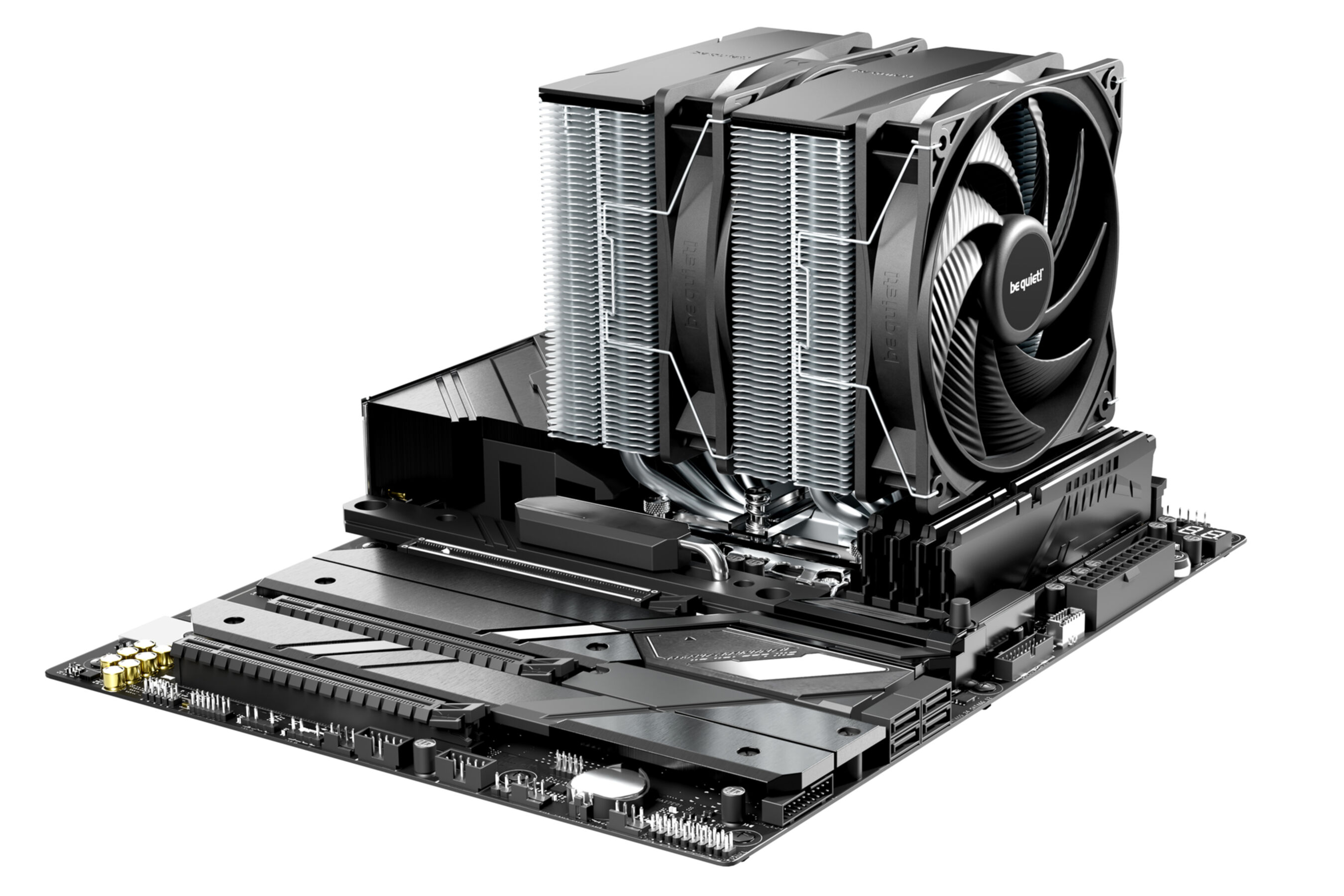 Composants d'ordinateur : refroidisseur de CPU monté sur une carte mère noire. Le refroidisseur a deux empilements et un ventilateur noir.
