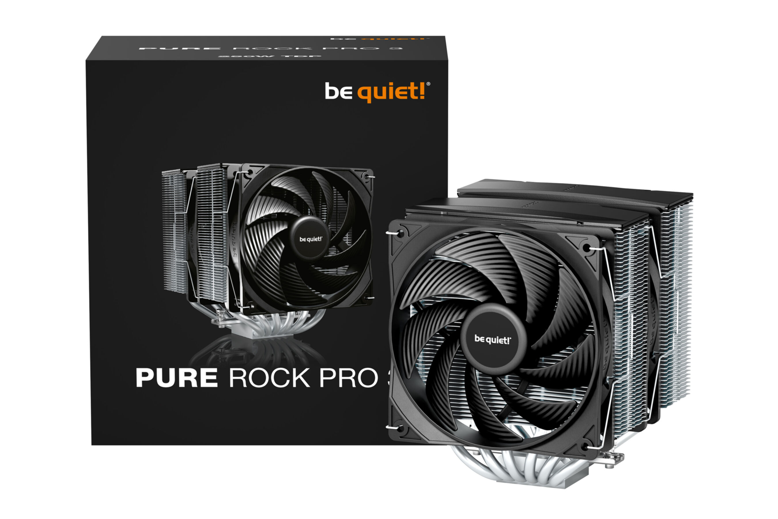 Refroidisseur CPU avec boîte. Refroidisseur noir avec ventilateur. Boîte avec texte. Logo be quiet!.
