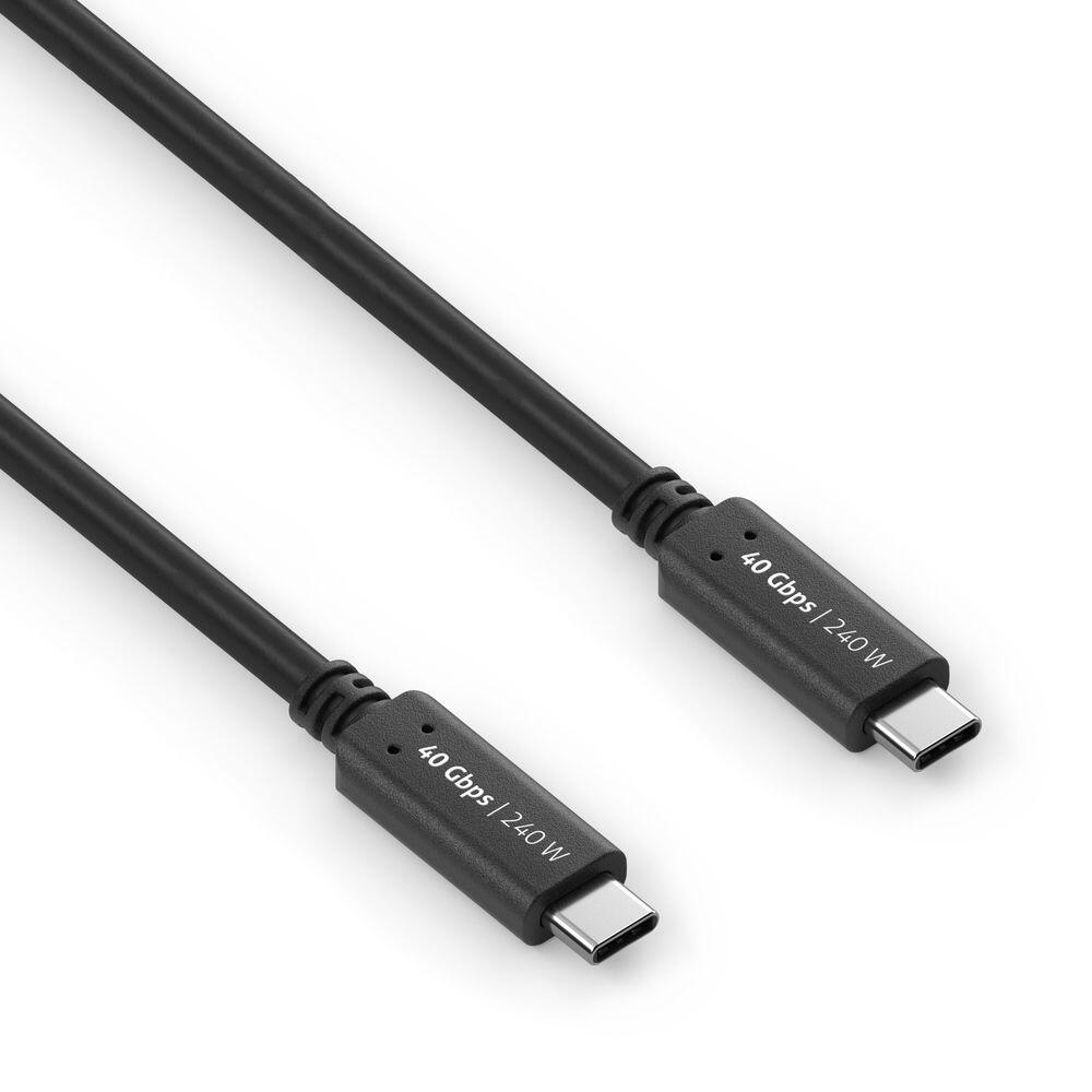 Cables USB-C negros. Etiqueta 40 Gbps y 240W. Fondo blanco. Texto blanco.