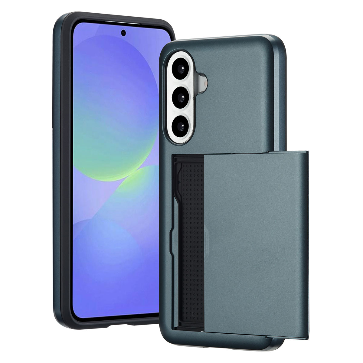 A blue phone case with a phone inside and a card holder. Dutch text at the bottom.