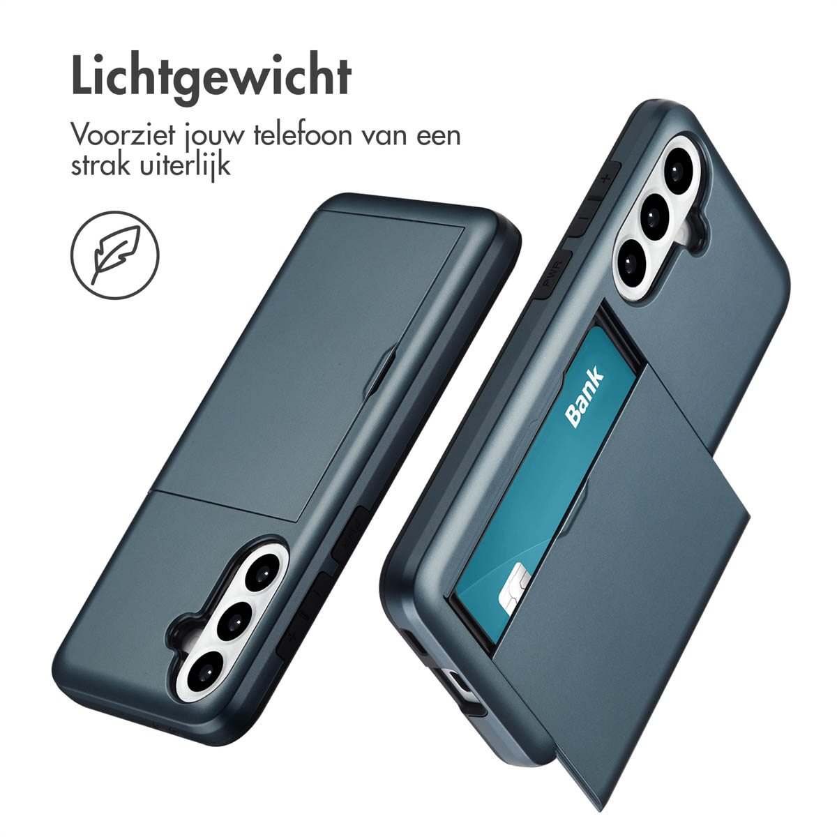 Blue phone case, open to reveal a card slot, white background.