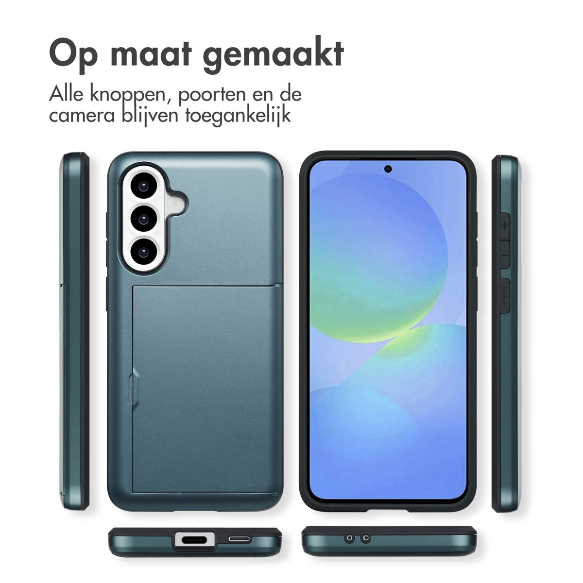 Phone case in multiple views. Blue-gray color.