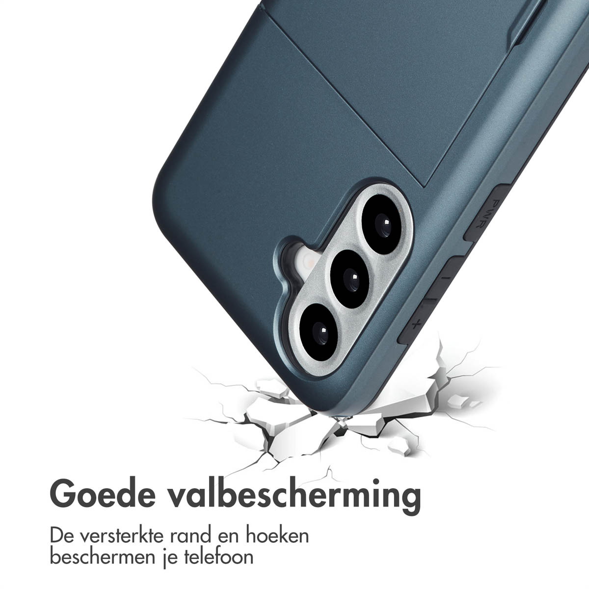 A blue phone case with three camera lenses and text in Dutch about drop protection.