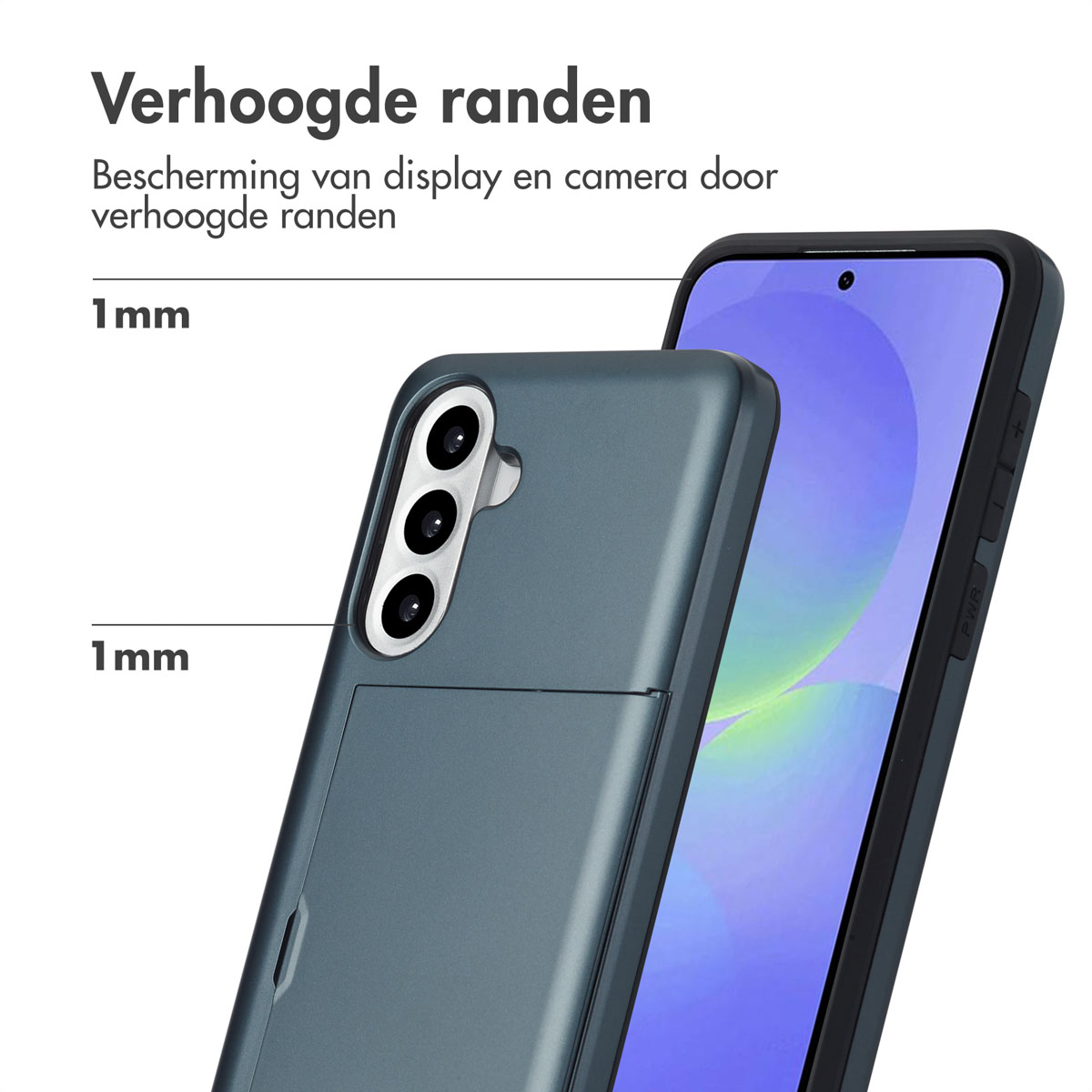 Blue phone case with raised edges, phone and case close-up, white background.