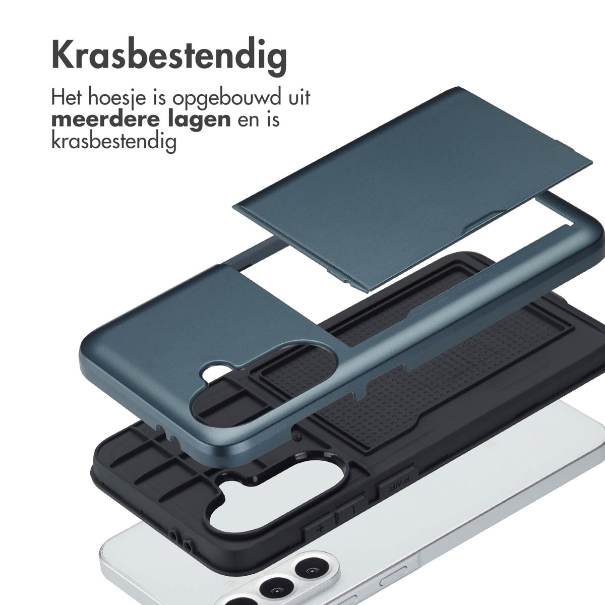 Phone case exploded view, blue and black layers, white background.