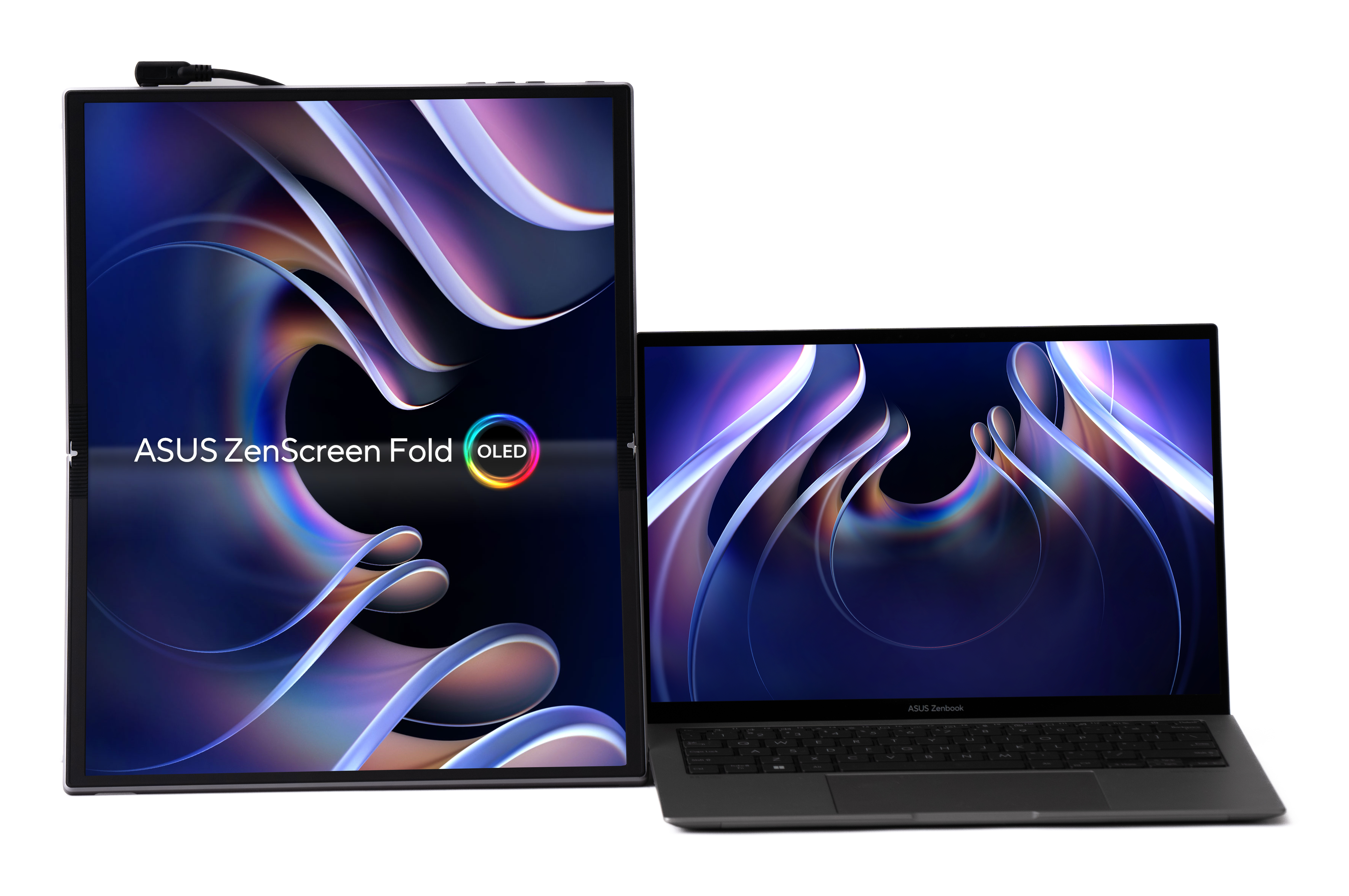 Składany ASUS ZenScreen OLED, otwarty z laptopem obok.