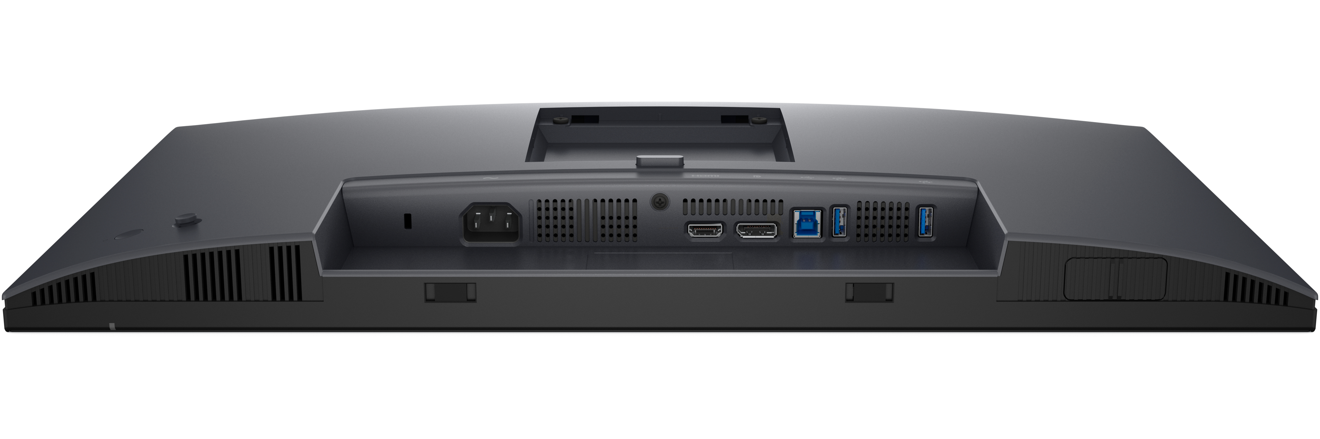 Tył monitora Dell z portami i wentylacją. Widoczna czarna ramka i kilka złączy.