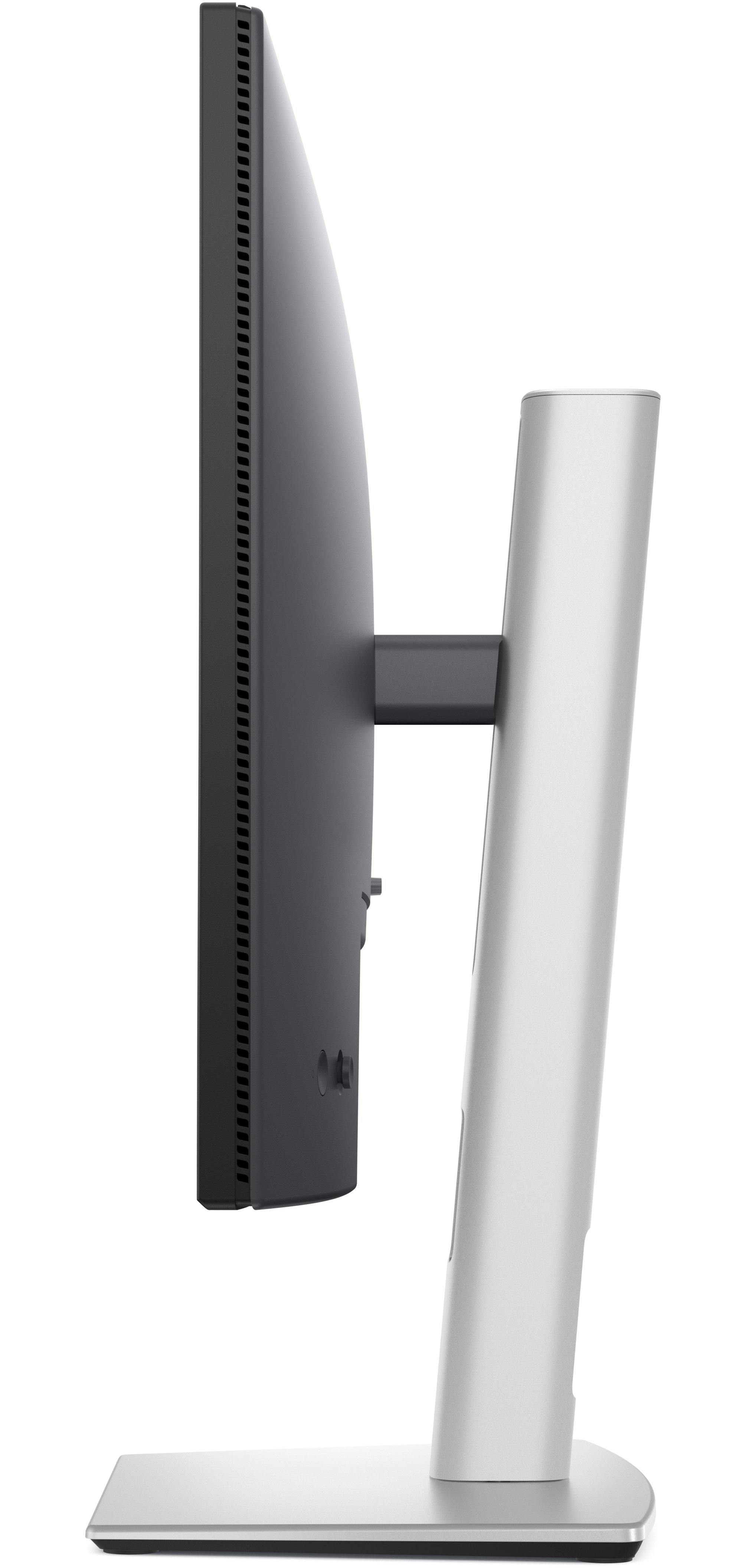 Widok z boku monitora Dell, prezentujący profil boczny. Srebrna podstawa, czarny wyświetlacz, cienka ramka.