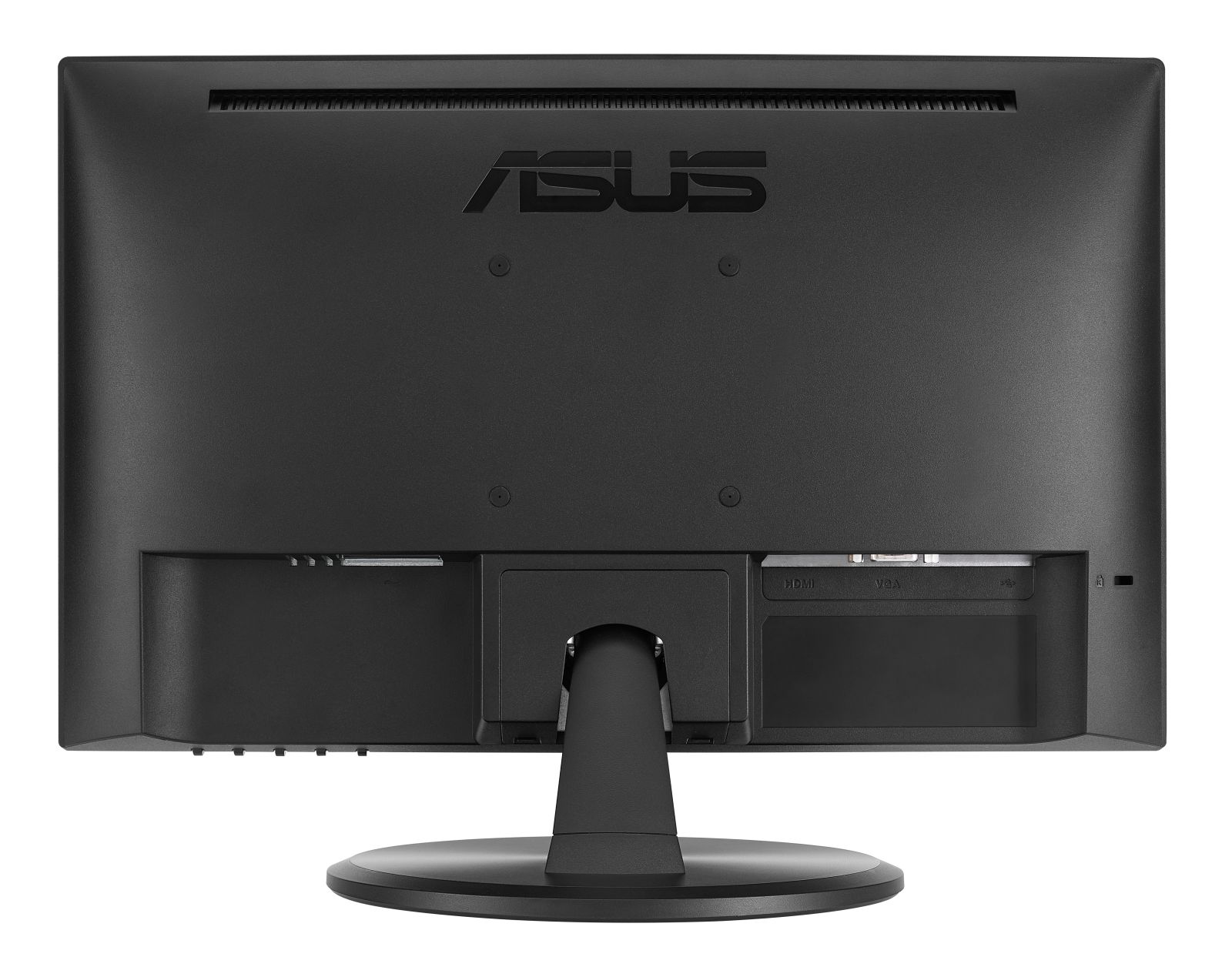 Widok z tyłu monitora ASUS, z logo, portami i podstawą.