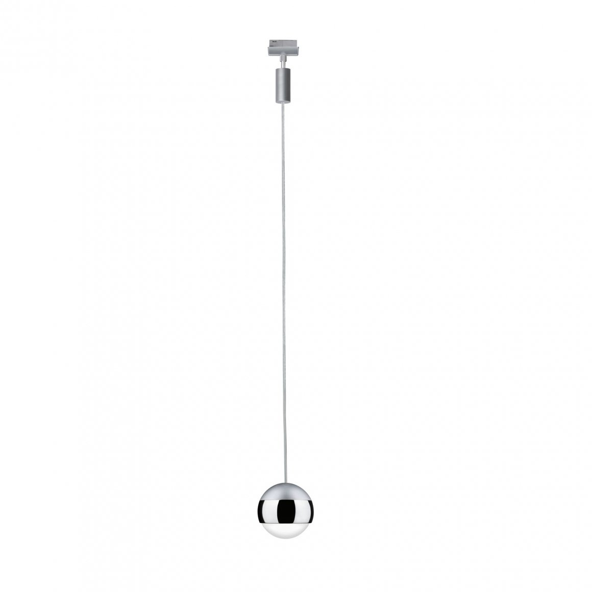 Verchromte Kugelleuchte. Ein Kabel führt von der Deckenhalterung zur Kugel.