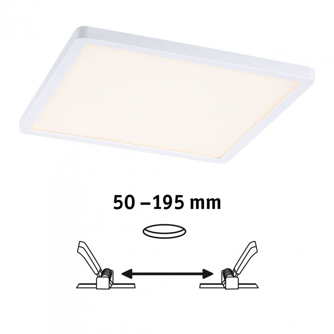 Biała kwadratowa lampa sufitowa. Pokazuje mechanizm montażu.