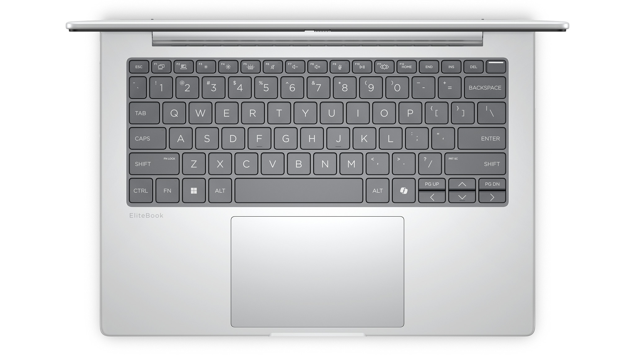 Vista dall'alto della tastiera di un laptop EliteBook argentato. Lettere, numeri e simboli sono visibili sui tasti. Sfondo bianco.