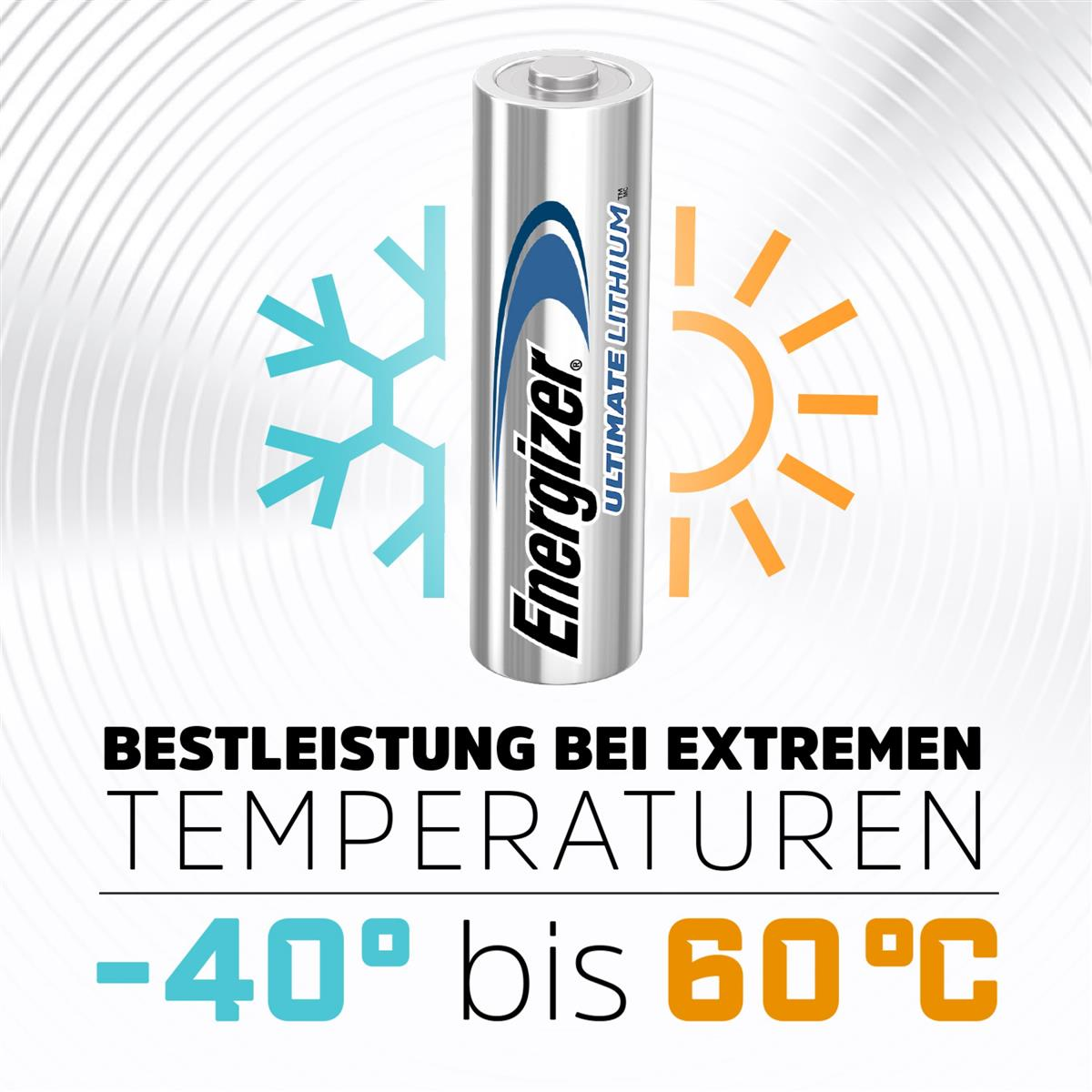 Eine Energizer-Batterie mit Text, einer Schneeflocke und einer Sonne. Der Hintergrund ist weiß.