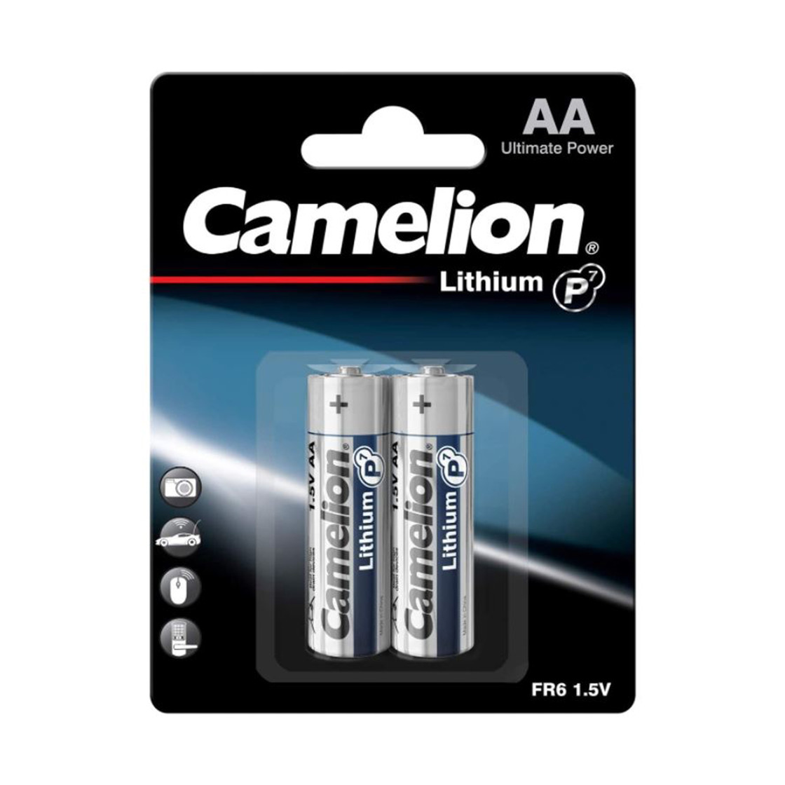 Confezione di due batterie AA Camelion Lithium. Confezione nera con testo bianco e rosso. Batterie argentate con dettagli blu.