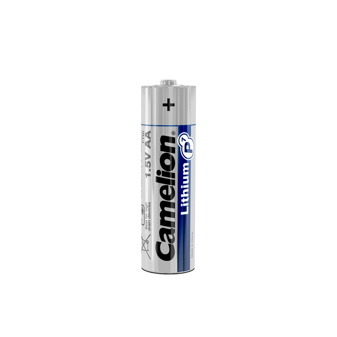 Singola batteria AA Camelion Lithium. Corpo argentato con striscia blu, testo nero e bianco. La parte superiore ha un segno più.