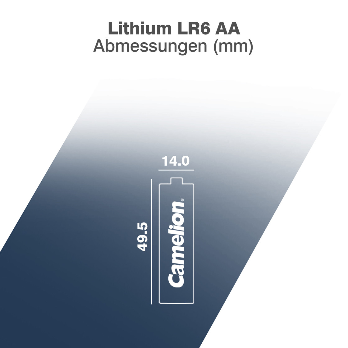 Diagramma di una batteria AA Camelion con dimensioni. La batteria è bianca con testo nero. Lo sfondo è una sfumatura.