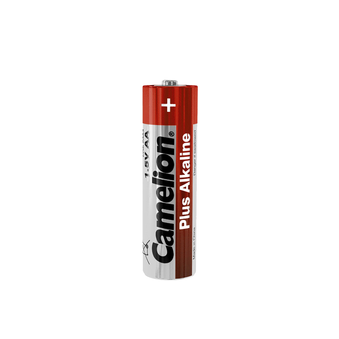 Singola batteria AA Camelion Plus Alkaline. Corpo argentato, parte superiore rossa, testo bianco e nero. Avvertenza in basso.