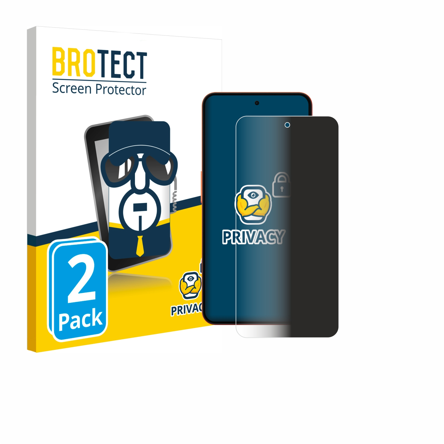 Weiße und gelbe Verpackung für Displayschutzfolien, ein Telefon und eine Sichtschutzfolie. Sichtschutz.