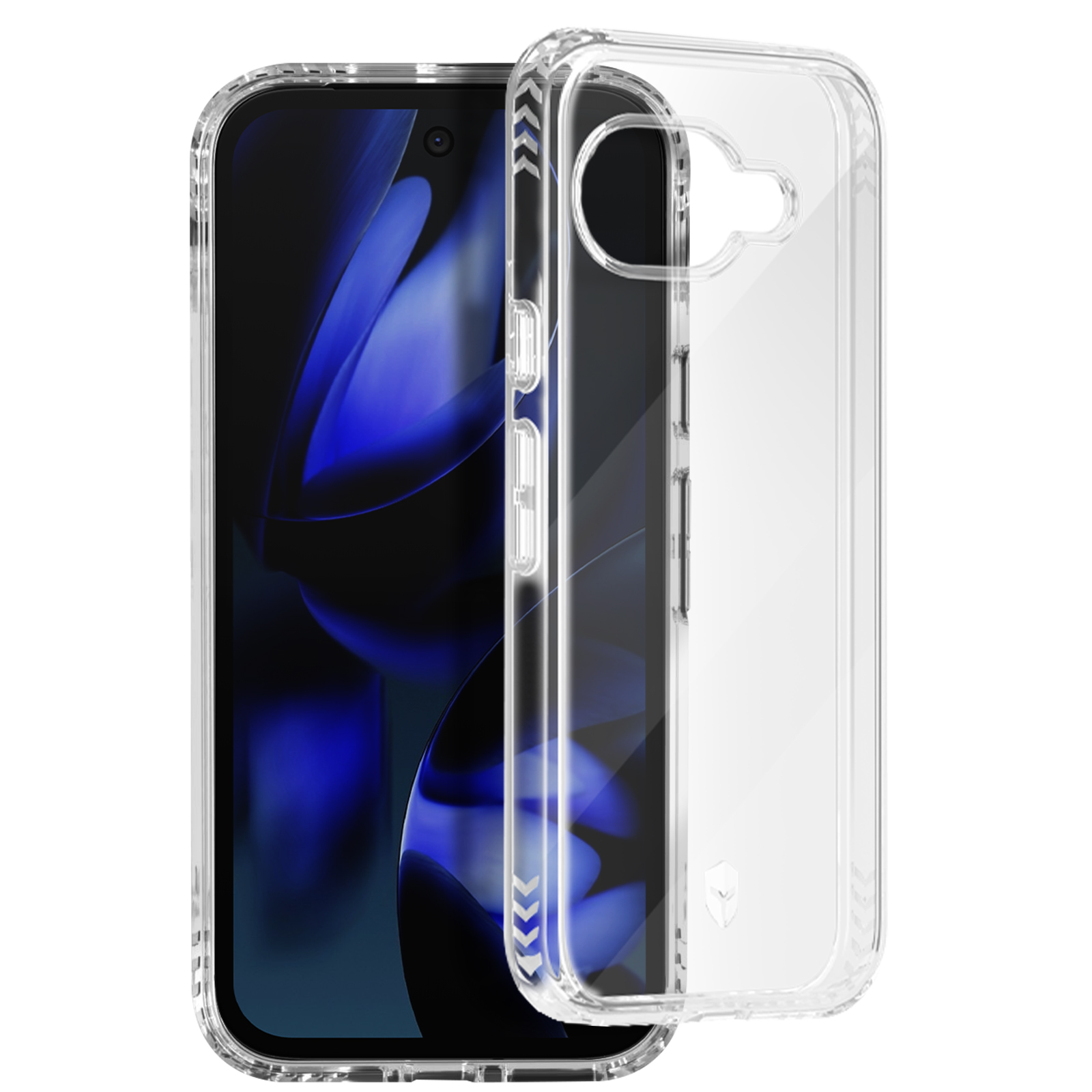 Une coque de téléphone transparente sur un téléphone. Le téléphone est noir, avec une caméra en haut.