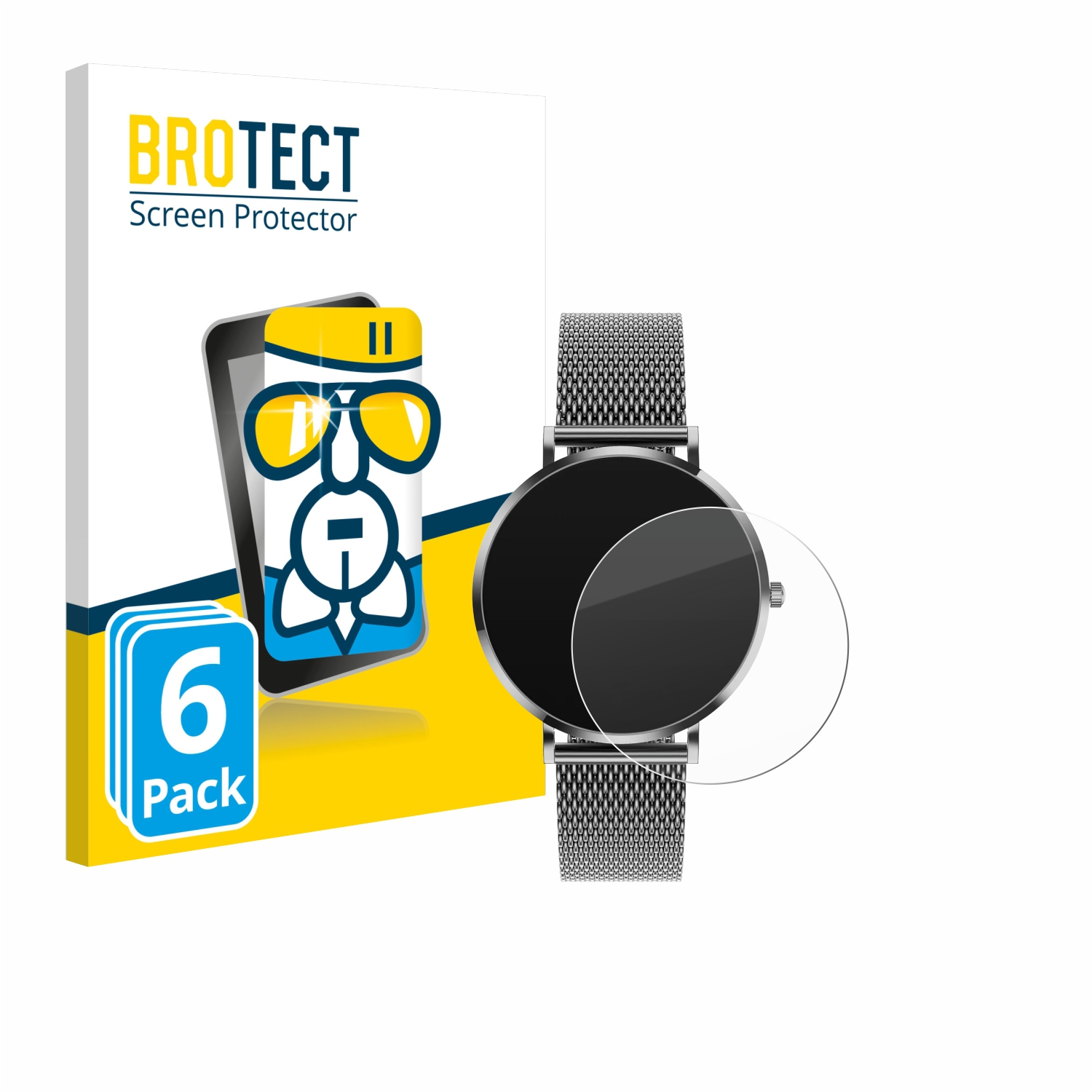 Smartwatch mit Displayschutzfolie, Box mit 'BROTECT' Displayschutz und Text '6er-Pack'.