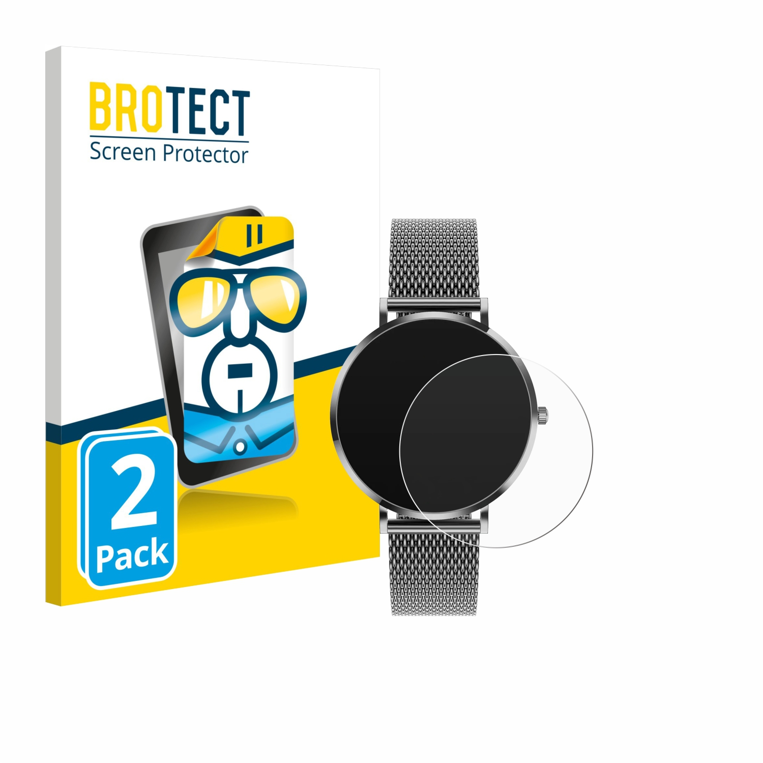 Smartwatch mit Displayschutz und einer Box mit einem Displayschutzbild.