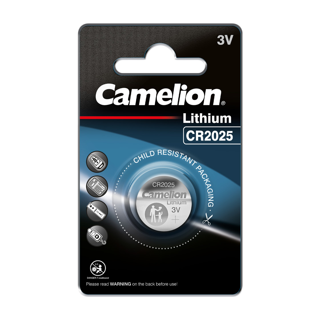 Confezione batteria Camelion CR2025. Confezione nera e blu. La batteria è argentata con testo nero.