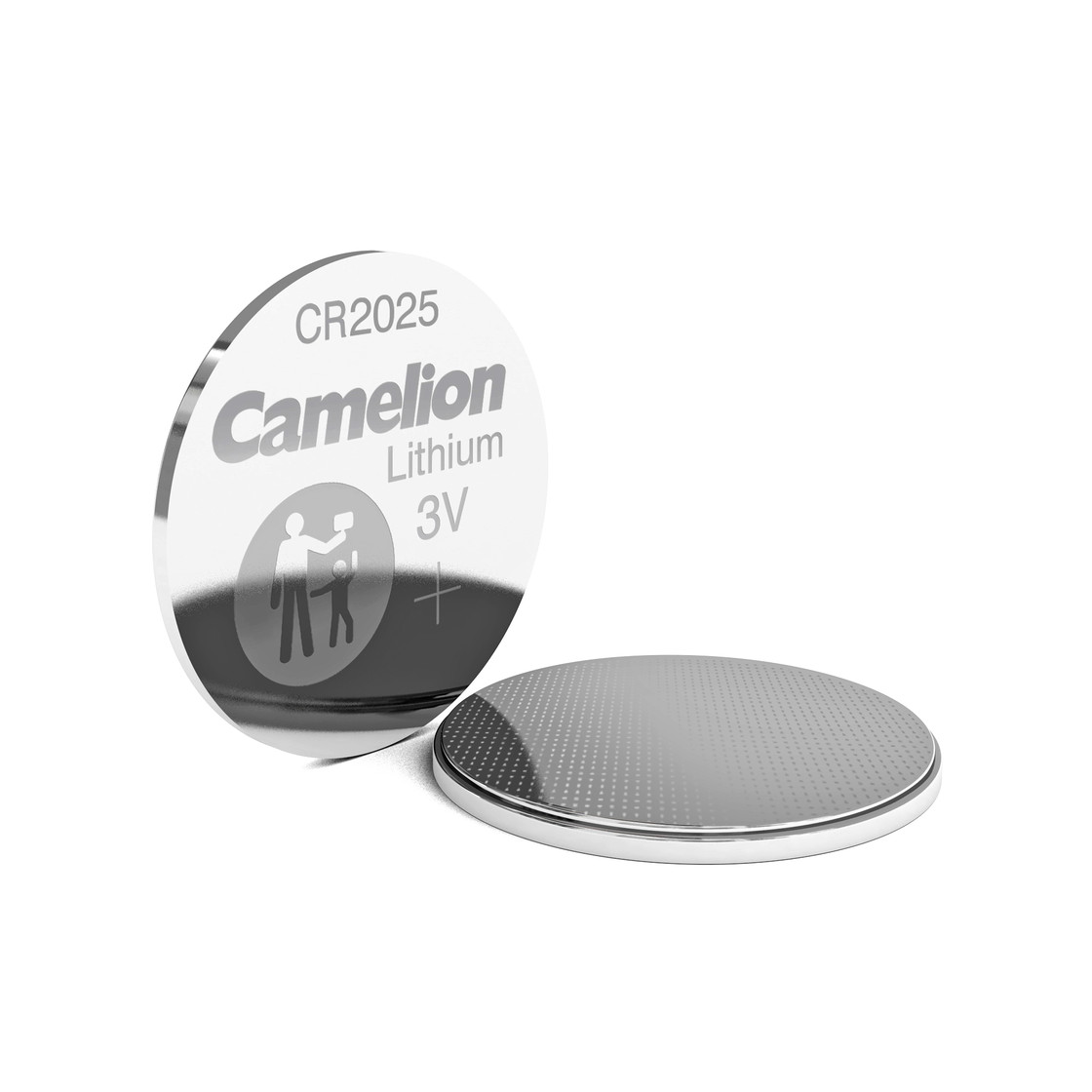 Una batteria CR2025 argentata su una superficie bianca. Il logo Camelion e 3V sono sulla batteria. C'è anche un segno più.