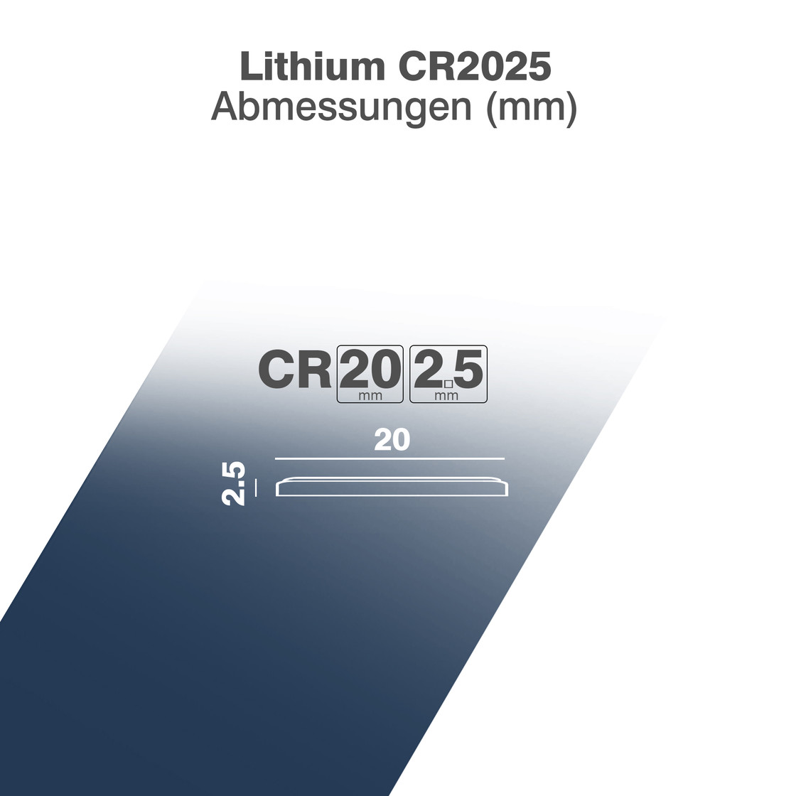 Diagramma che mostra le dimensioni della batteria CR2025. La batteria è di forma piatta e circolare.